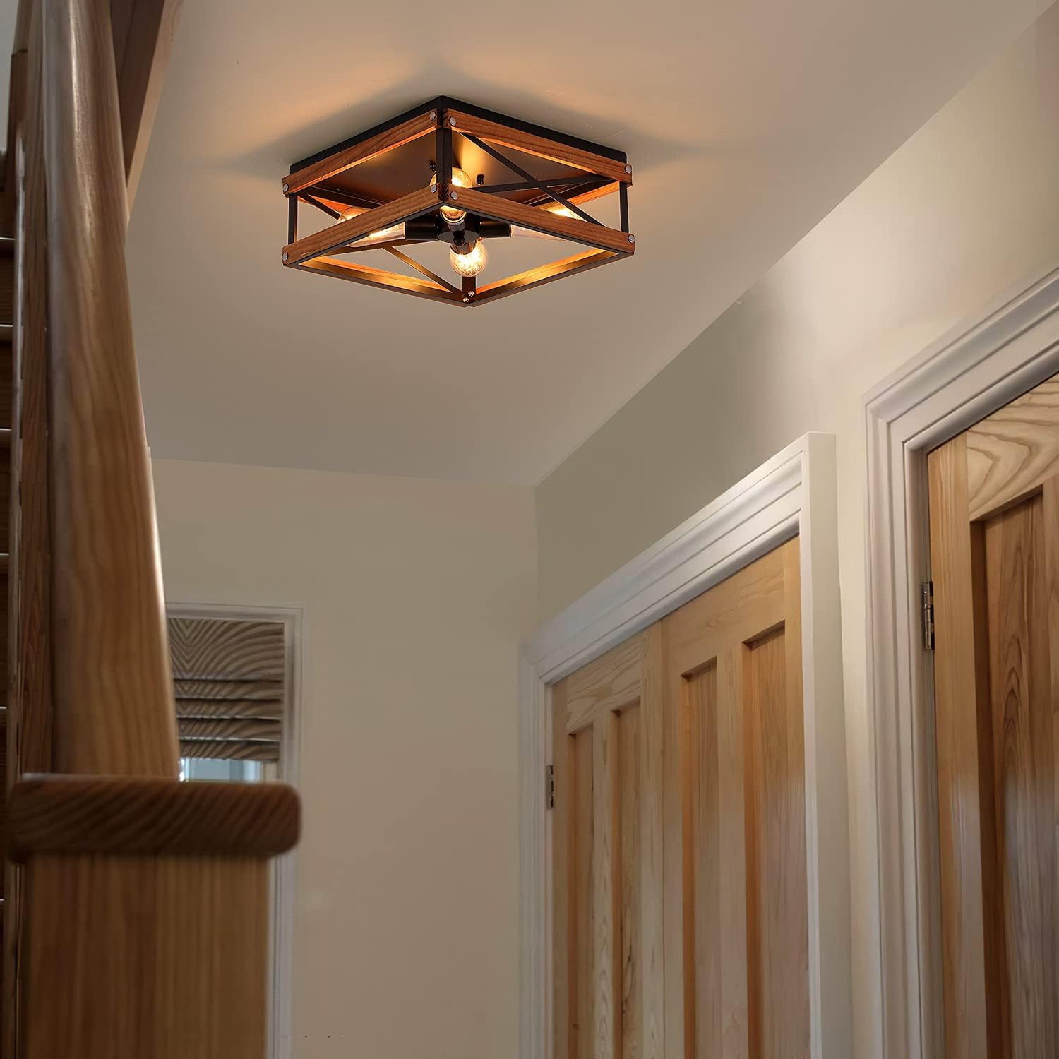 4-Light Rustic famrhouse Flush Mount Ceiling Light Metal and Wood Square Flush Mount Ceiling Light Fixture for Hallway Bedroom Kitchen Entryway Living Room, Black