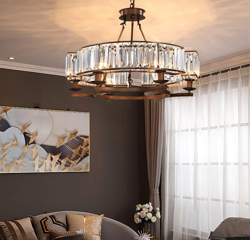 Modern Round Crystal Chandelier with 8 Lights Vintage Ceiling Chandeliers Flush Mount Light Rustic Black Pendant Lighting Fixture for Dining Room Living Room,Dia 34''