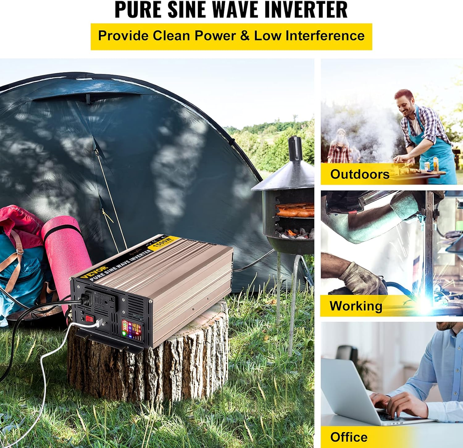 VEVOR Pure Sine Wave Inverter, 1500 Watt Power Inverter, DC 12V to AC 110V Car Inverter, with LCD Display, 5V USB Port, AC Outlets (GFCI) Power Converter, for Car, RV Truck,Solar System,Travel Camping