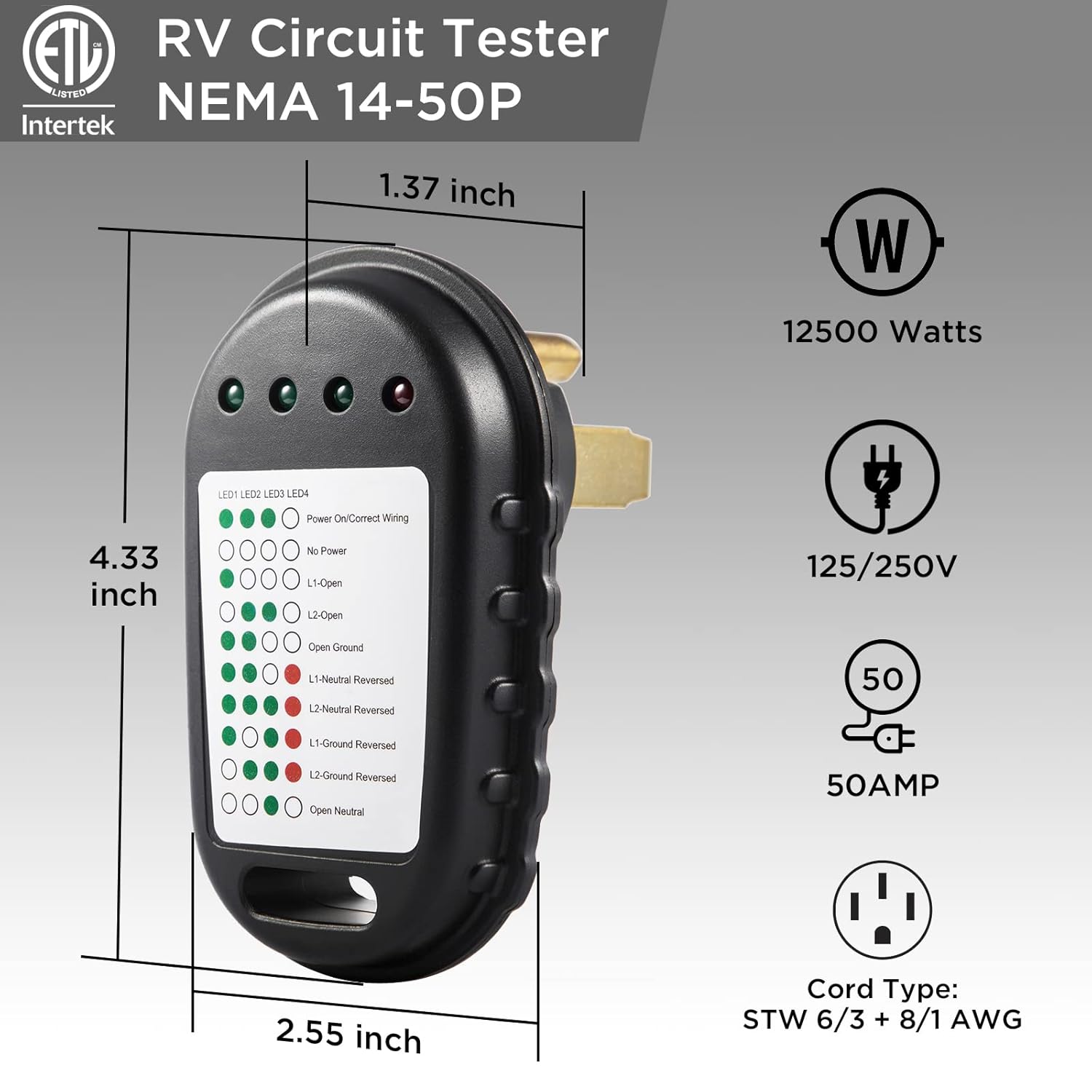 RV Power Pedestal Tester 50 Amp,RV Circuit Analyzer 14-50P with Indicator Lights for RV,Camper,Trailer,RV Circuit Tester,125V/250V,50A,ETL Listed Pack of 2