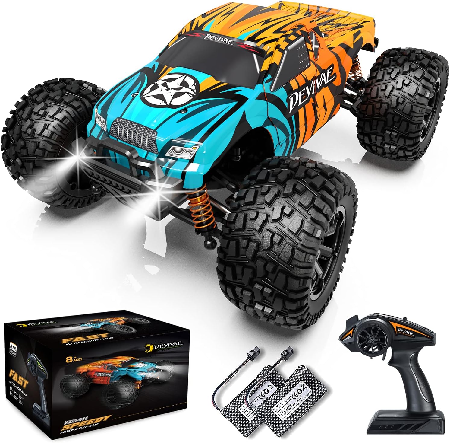 DEVIVAE RC Cars 005 High Speed Remote Control Car for Kids Adults 1:18 Scale 36 KM/H 4X4 Off Road Monster Trucks, 2.4GHz All Terrain Electric Toy with 2 Batteries, 50 Mins Play Gift for Boy Girl Pack of 2