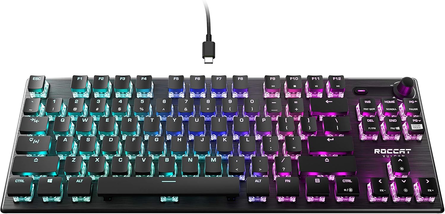 ROCCAT Vulcan TKL Mechanical PC Tactile Gaming Keyboard, Compact, Tenkeyless, Titan Switch Optical, RGB AIMO Lighting, Anodized Aluminum Top Plate, Detachable USB-C Cable, Low Profile Design, Black