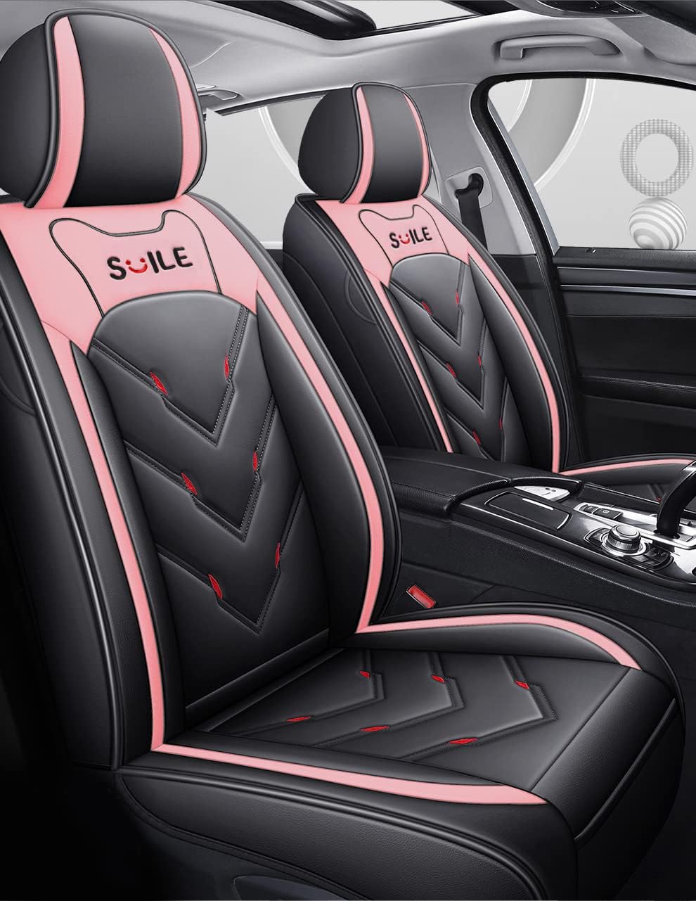 LSY02 Seat Cover 5-Seater Full Set, Universal Type, Suitable for Most Cars, Cars, SUV, Trucks, Pickup Ttrucks, Airbags Compatible with Synthetic Leather Car Seat Cushion Protectors (Black and Pink)