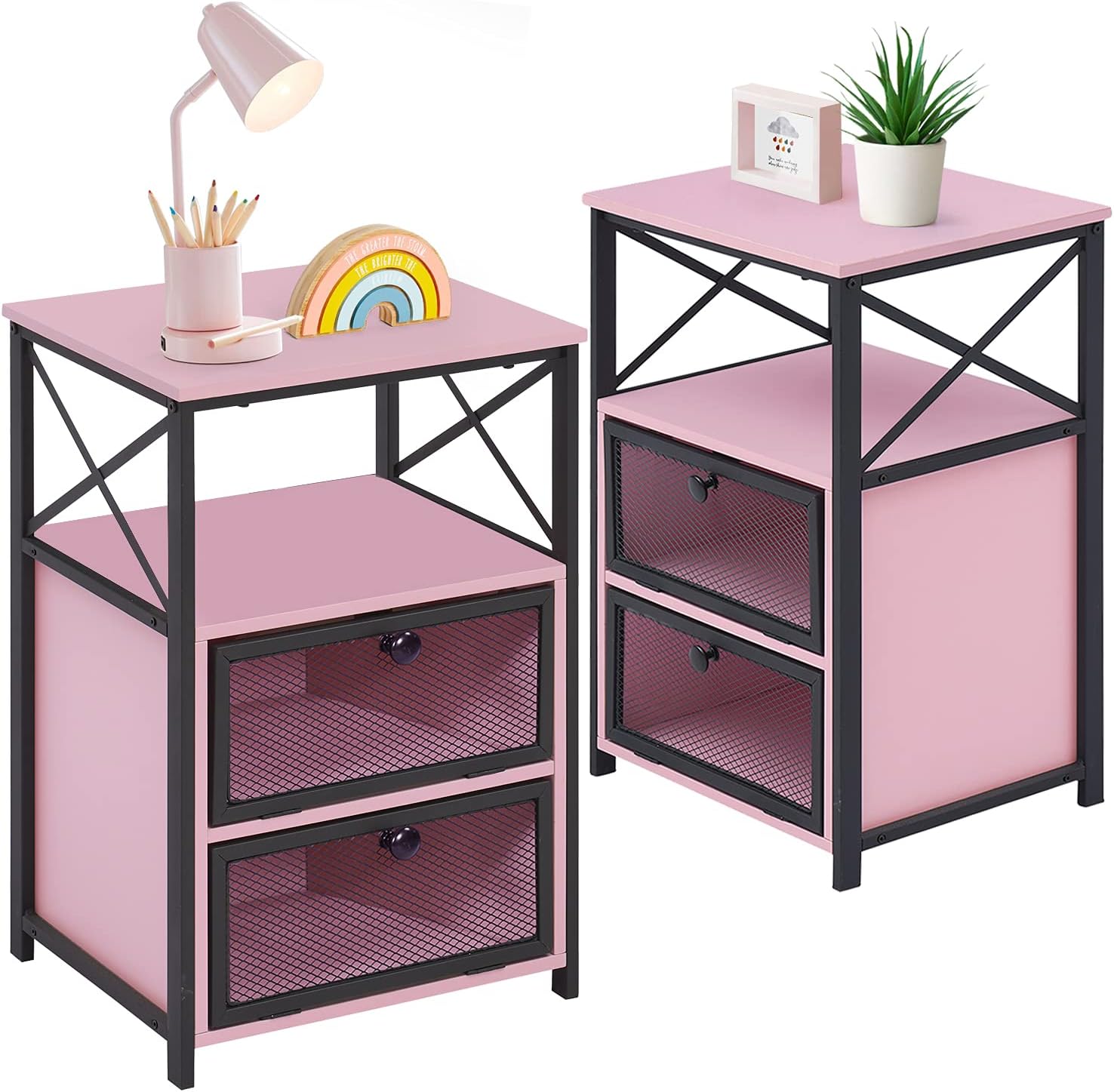 VECELO Modern Night Stand, End Side Table with Storage Space and Door, Nightstands with Flip Drawers for Living Room,Bedroom,Lounge,Set of 2, Blue