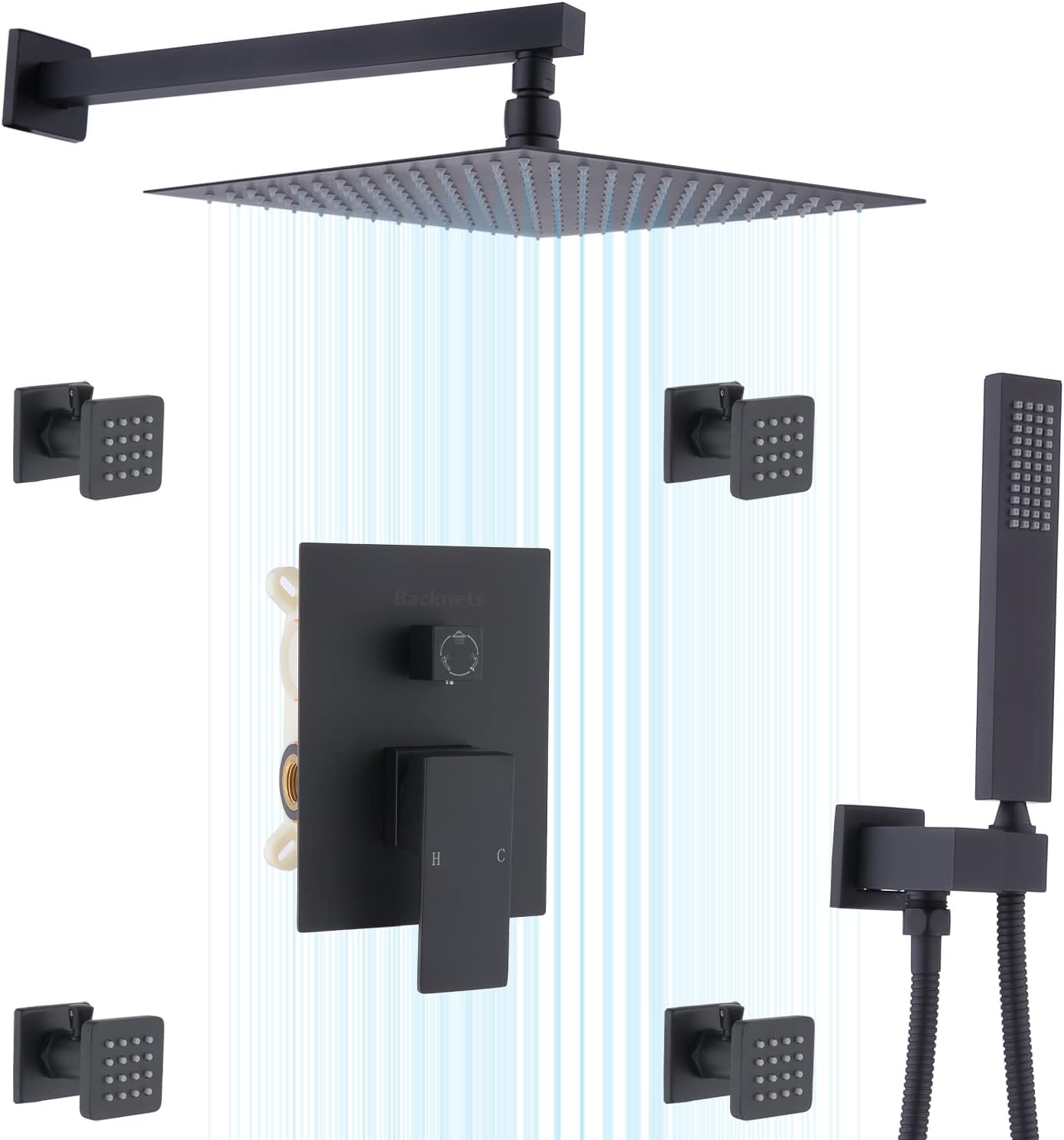 Backnets shower system,12 inch Wall Mount High Pressure Handheld Shower Head System with Body Sprays,Bathroom Shower Fixtures Rain Mixer Shower System Combo(Matte Black)