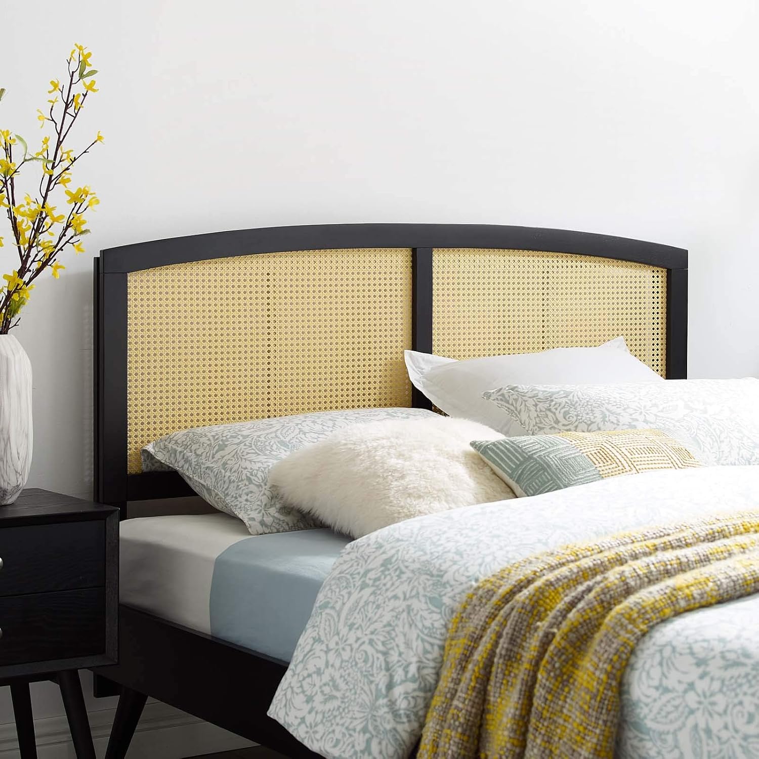 Modway Halcyon Cane Woven Rattan King Headboard in Black
