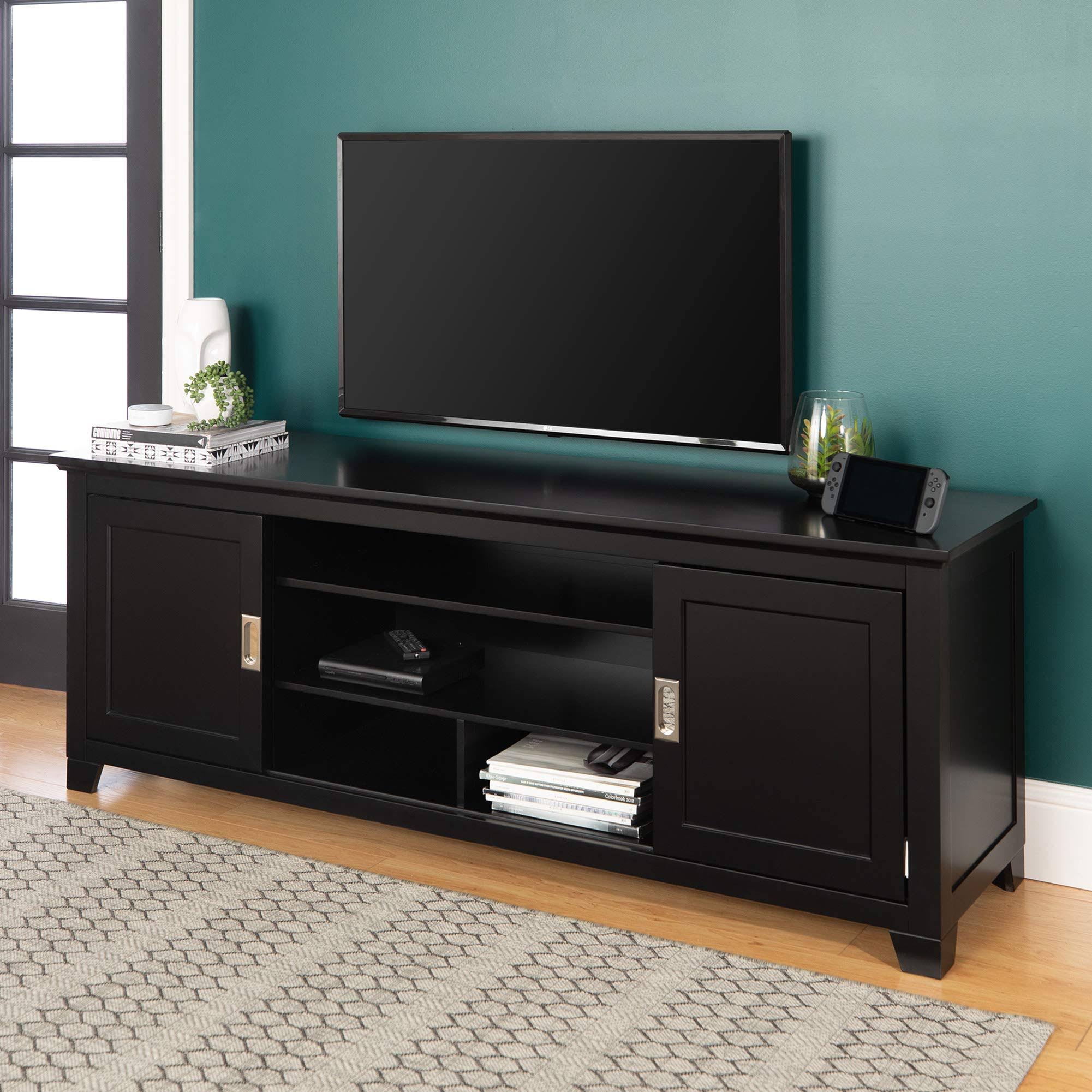 Walker Edison 70x22 Black Wood TV Stand with Sliding Doors