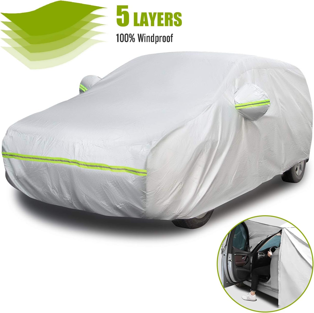 Favoto Hatchback Car Cover 5 Layers Universal Fit 157 to 171 inch Driver Side Door Zipper Design Protection from Sun Rain Windproof Dustproof Snow Leaves Scratch Resistant Full Exterior Cover Pack of 2