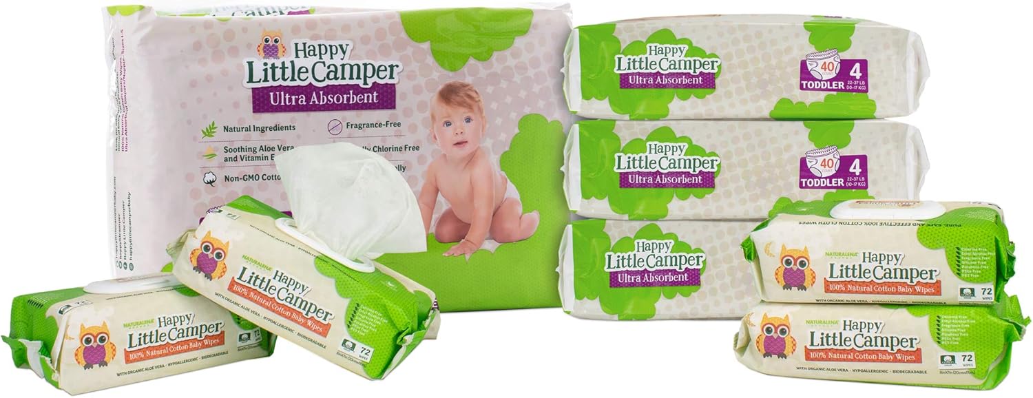 Happy Little Camper Natural Disposable Cotton Baby Diapers with Aloe, Ultra-Absorbent, Hypoallergenic and Fragrance Free for Sensitive Skin with Wipes, Size 4 (22-37 lbs), White, 160 Count Pack of 2