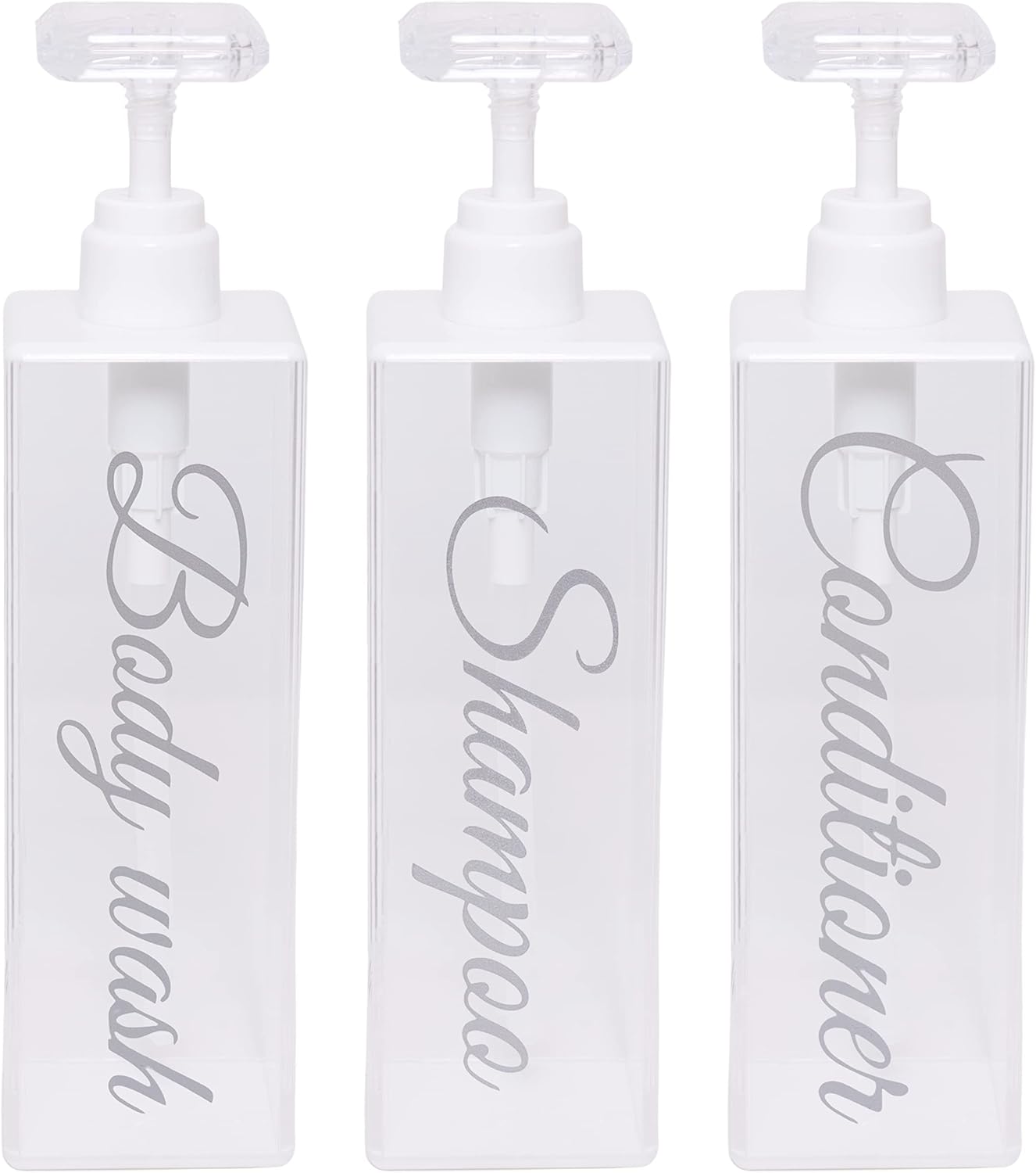 Luxury Clear White Acrylic Shower Dispenser with Permanent Label - Shampoo Conditioner and Body soap Dispenser - Shower soap Dispenser - Bathroom Shower dispensers Pack of 2