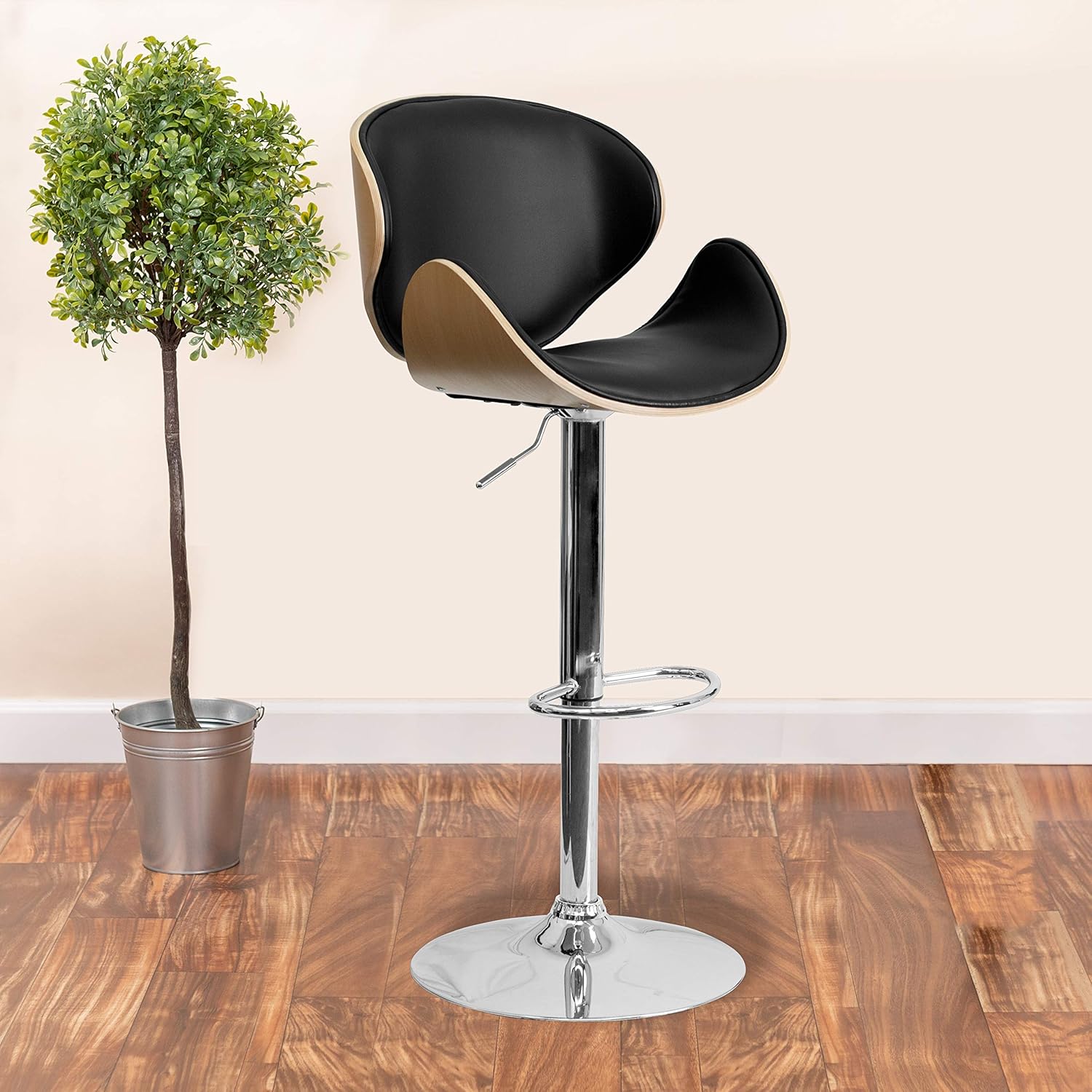 Flash Furniture Walnut Bentwood Adjustable Height Barstool with Curved Back and Black Vinyl Seat