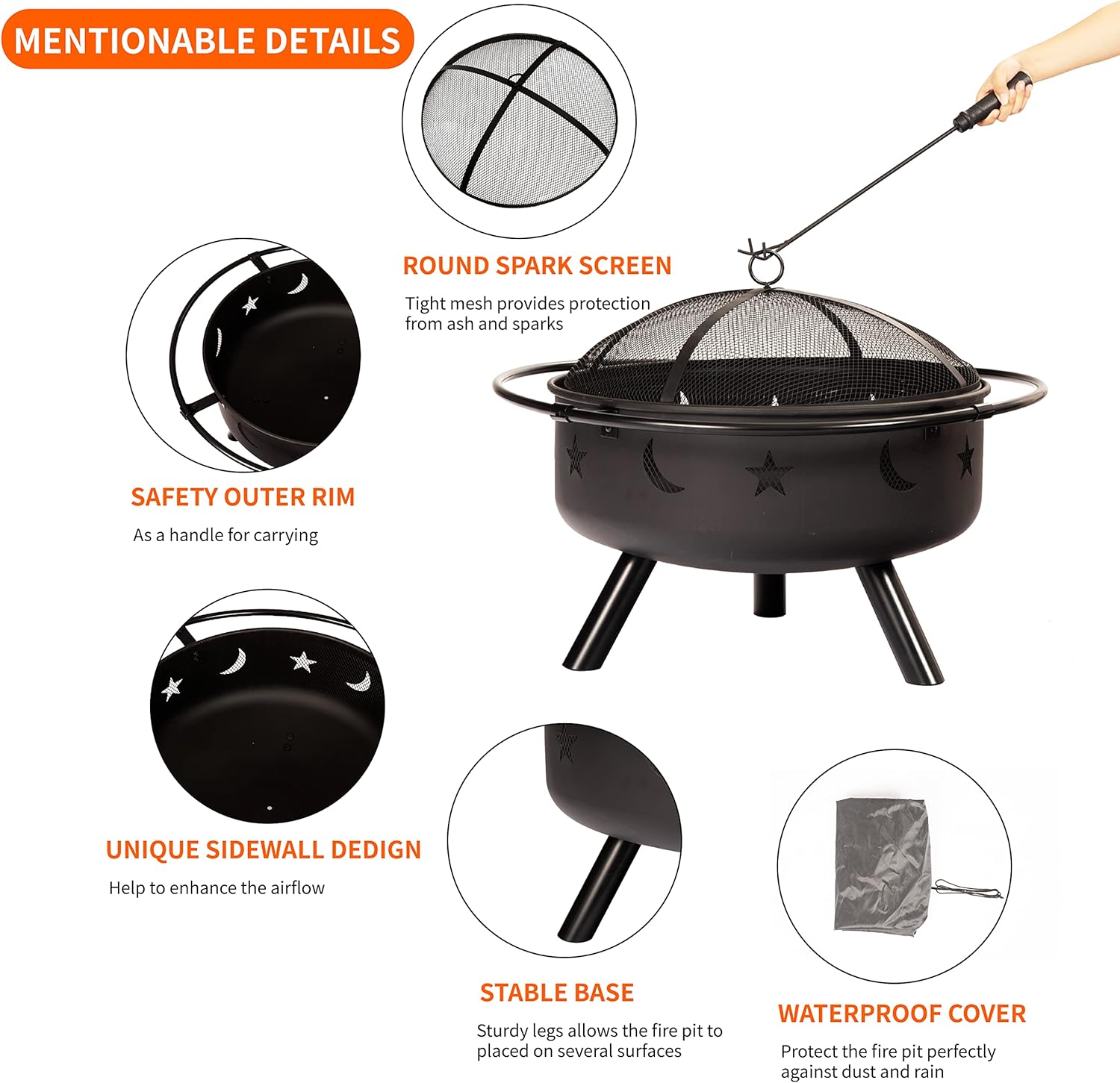 32'' Outdoor Fire Pit - Cast Iron Fire Pits Wood Burning with Fire Poker, Waterproof Cover and Spark Screen - Large Round Metal Patio Fire Pit Bowl for Backyard