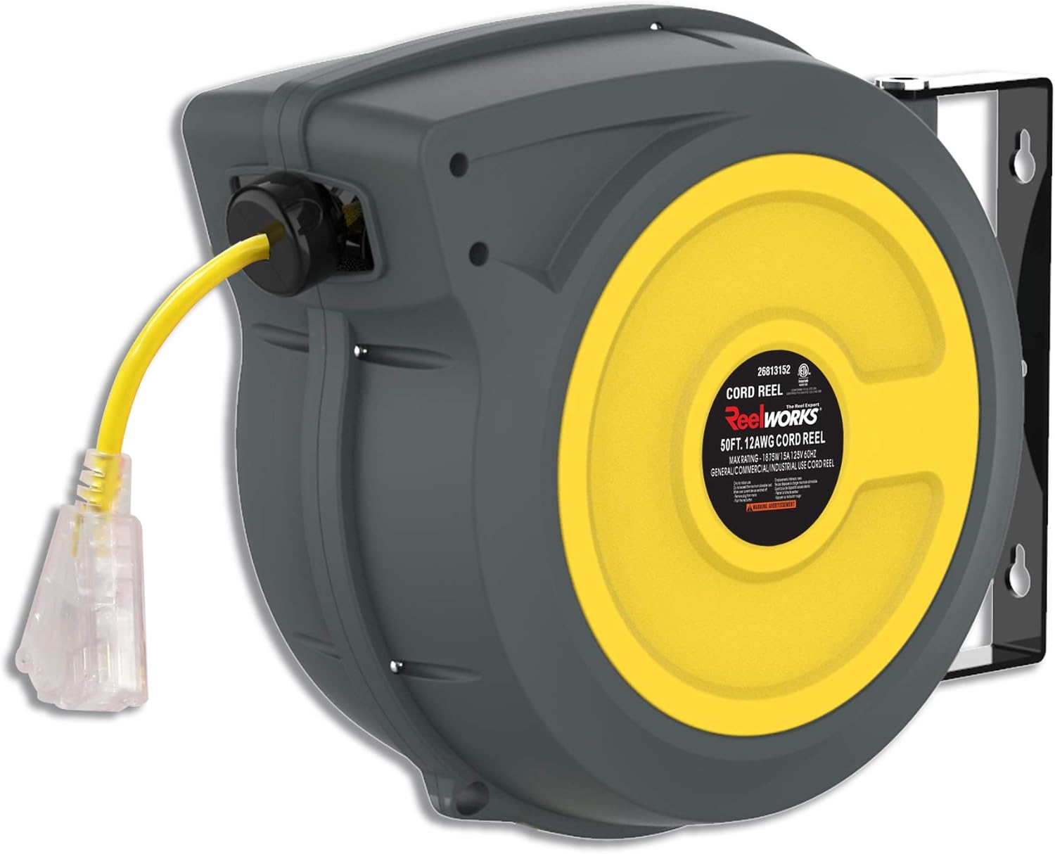 ReelWorks Extension Cord Reel Retractable 12AWG x 50' Foot 3C/SJTOW Glow Strip Cable and Lightup Triple Tap Connector Advanced Slow Retraction Technology (SRT)