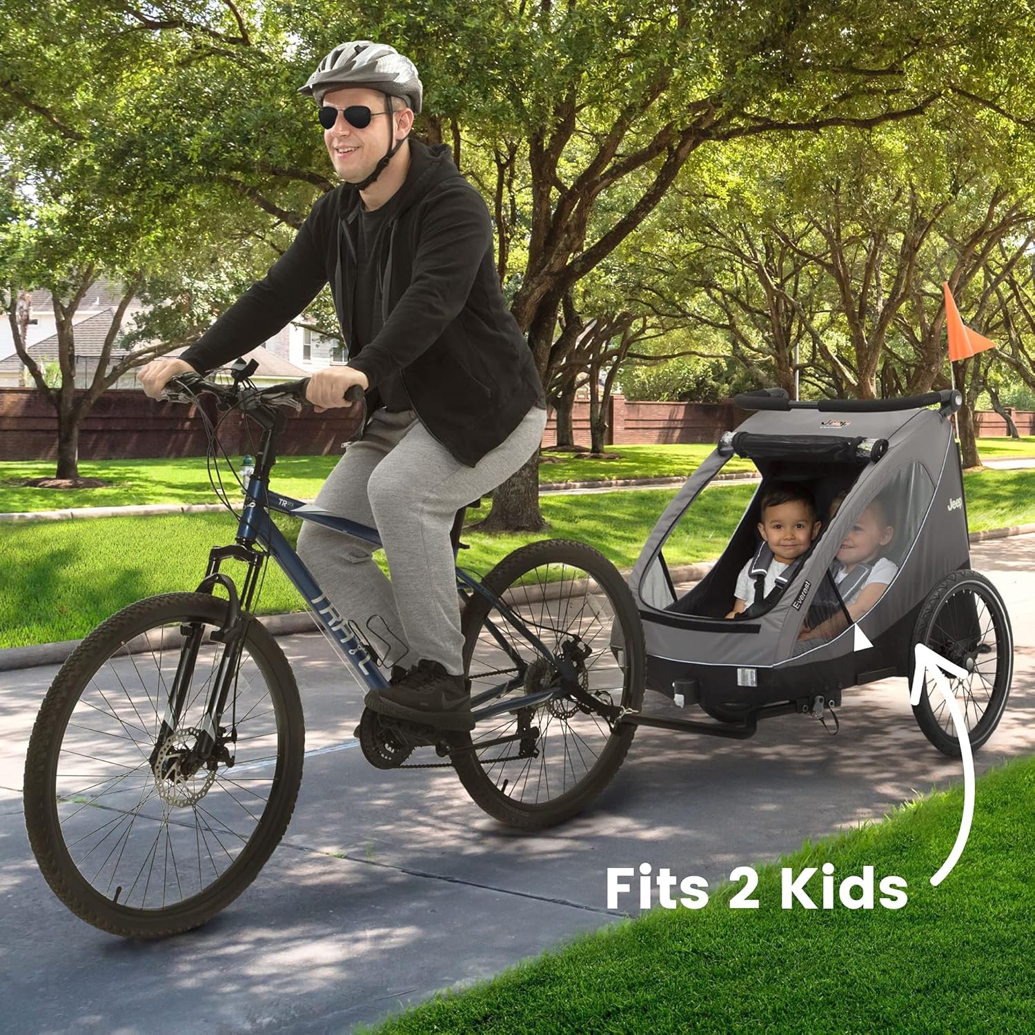Jeep Everest 2-in-1 Child Bike Trailer and Stroller for 2 Kids by Delta Children – 2-Seater Lightweight Multisport Trailer with Converts to Jogging Stroller – Compact Fold for Travel and Storage, Grey