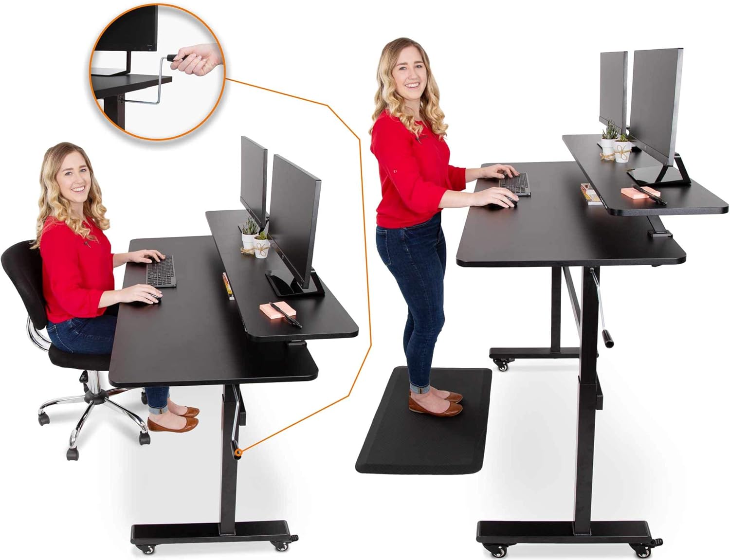 Stand Steady Tranzendesk | 55 Inch Standing Desk with Clamp On Shelf & Wheels | Easy Crank Height Adjustable Sit to Stand Workstation | Attachable Monitor Riser Supports 3 Monitors (55 / Black)