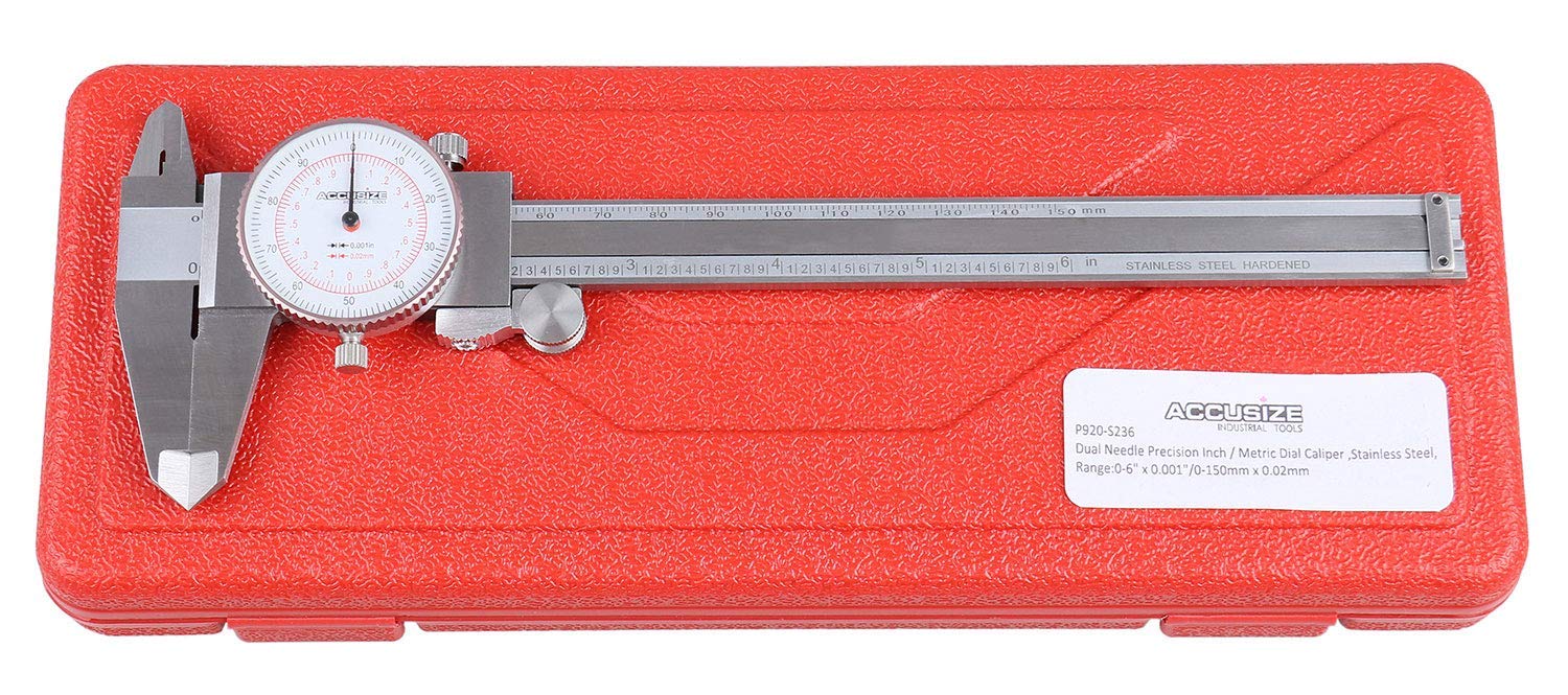 Accusize Industrial Tools 8''/200 mm by 0.001''/0.02 mm Dual Needle Precision Dial Caliper Stainless Steel in Fitted Case, Imperial/Metric, P920-S238 Pack of 2