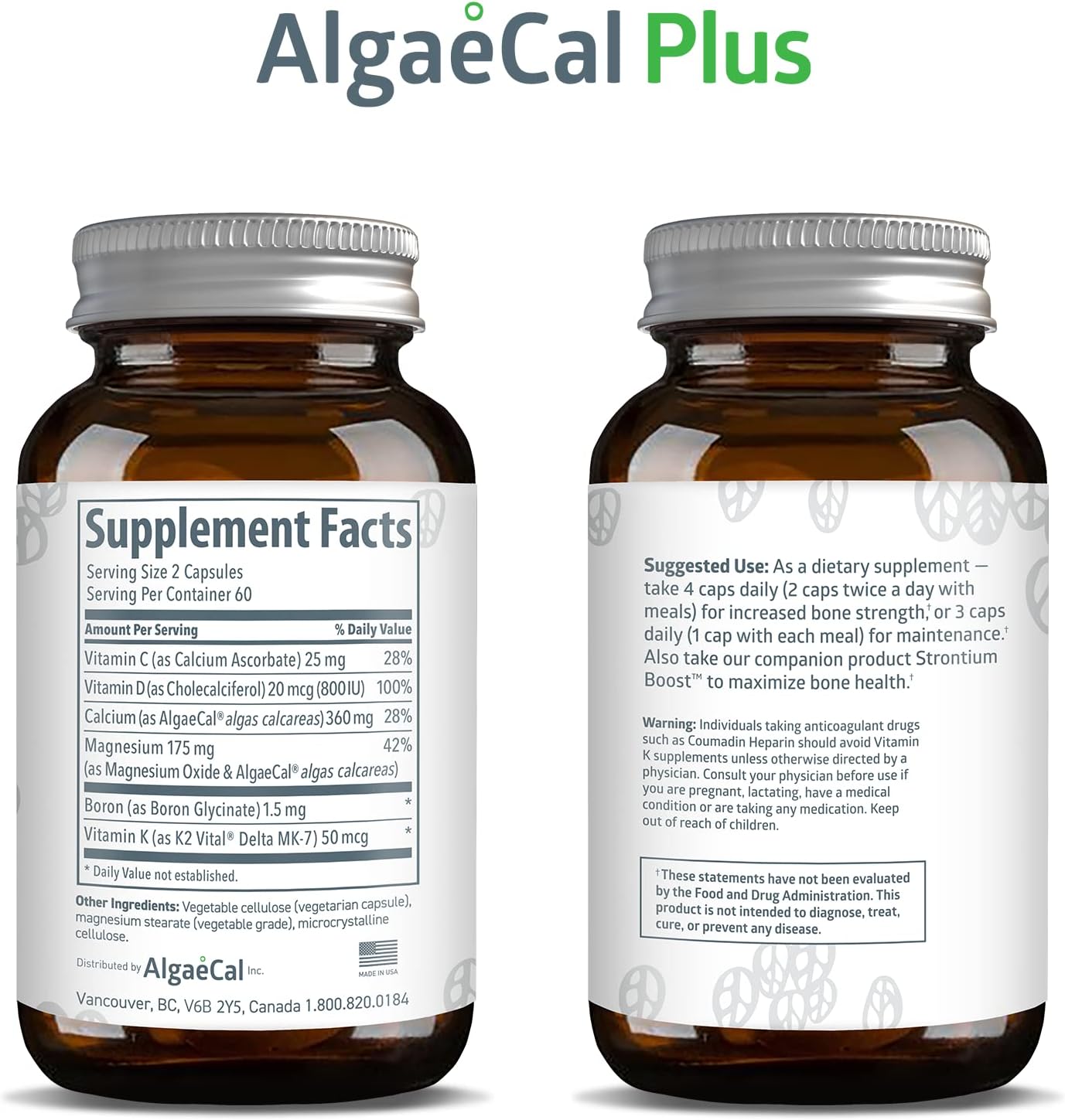 AlgaeCal Plus, Natural Calcium Supplement, Derived from Ocean Algae, Includes Magnesium & Boron, with Vitamins C, D, K2, Plant-Based Multivitamin to Build Strong Bones (3 Pack)
