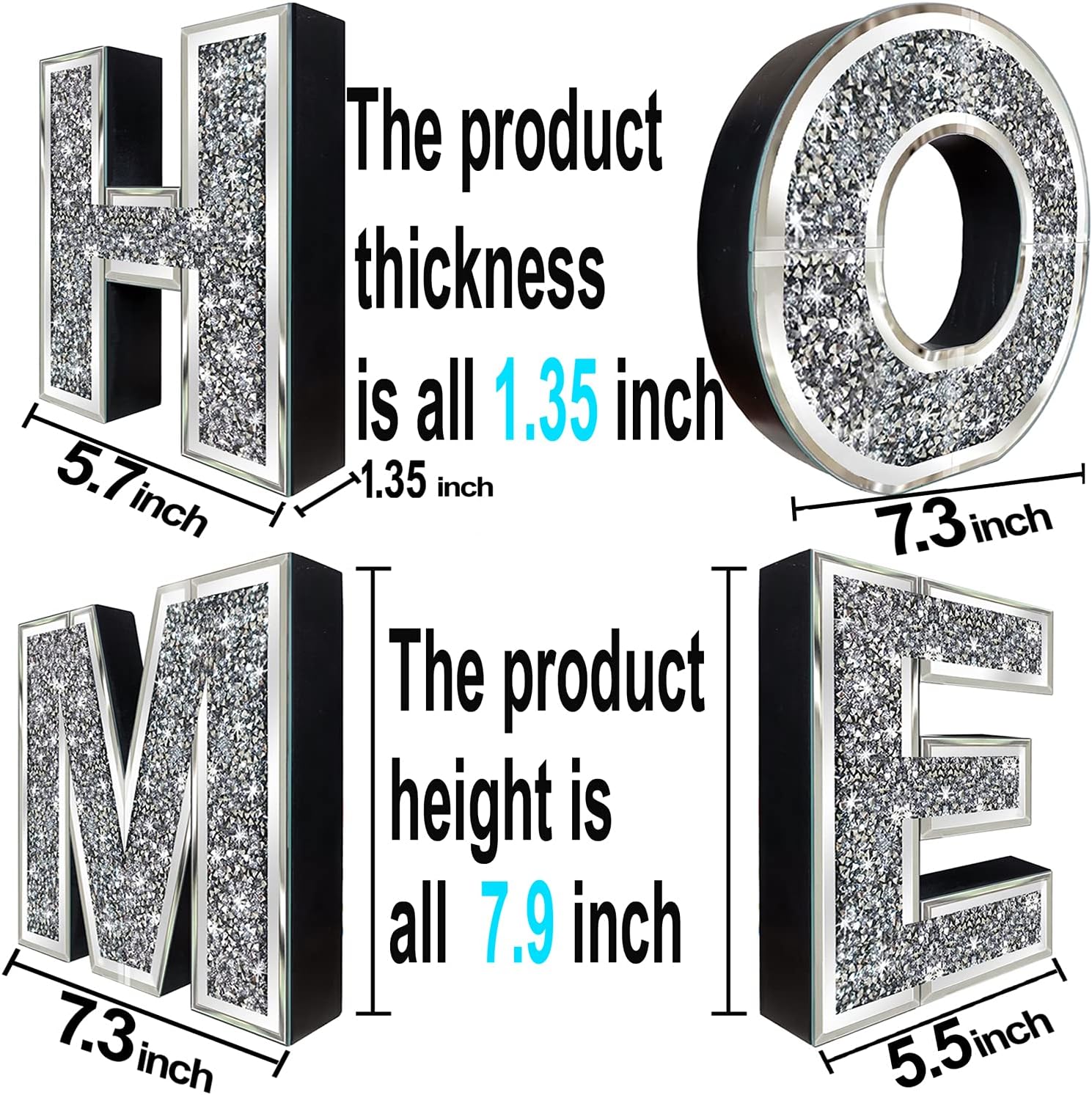 4 pcs Independent Letters Home.Glam Crystal Diamond Letters.Silver Mirror Glass Home Decoration for Wall, Fireplace, Bookshelf and Table.