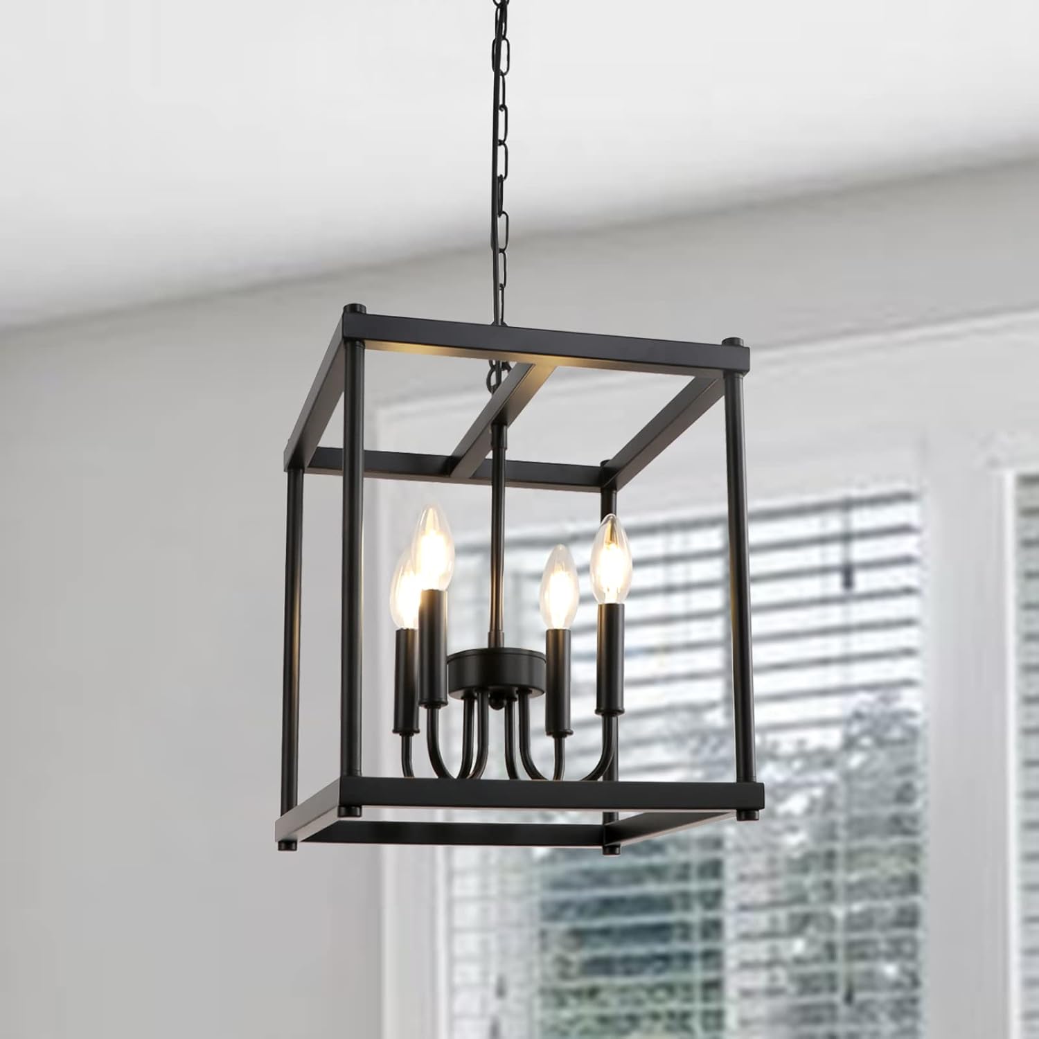 LynPon Black Farmhouse Chandelier 4 Lights Foyer Entryway Light Fixtures Modern Chandeliers Industrial Lantern Pendant Light Ceiling Light for Kitchen Island Dining Room Living Room Bedroom