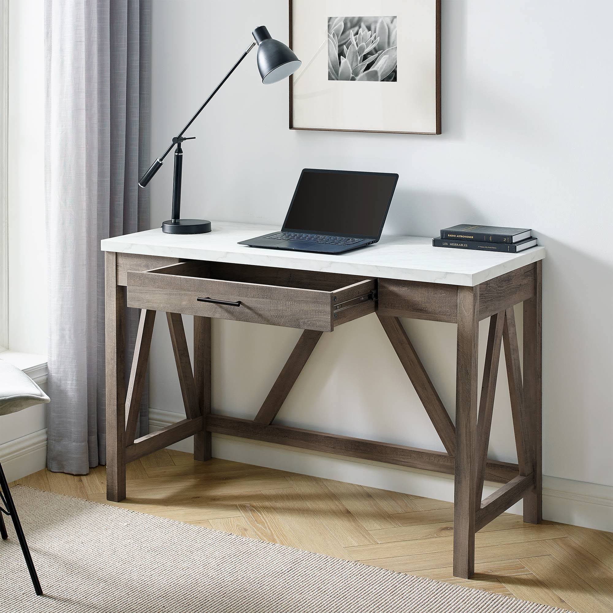 Augustus A Frame Farmhouse 1 Drawer Writing Desk Gray Wash/Faux White Marble - Saracina Home