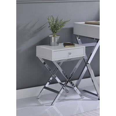 Acme Coleen Side Table, White u0026 Chrome 82696 Mercer41 Table Base Color: Chrome, Table Top Color: White