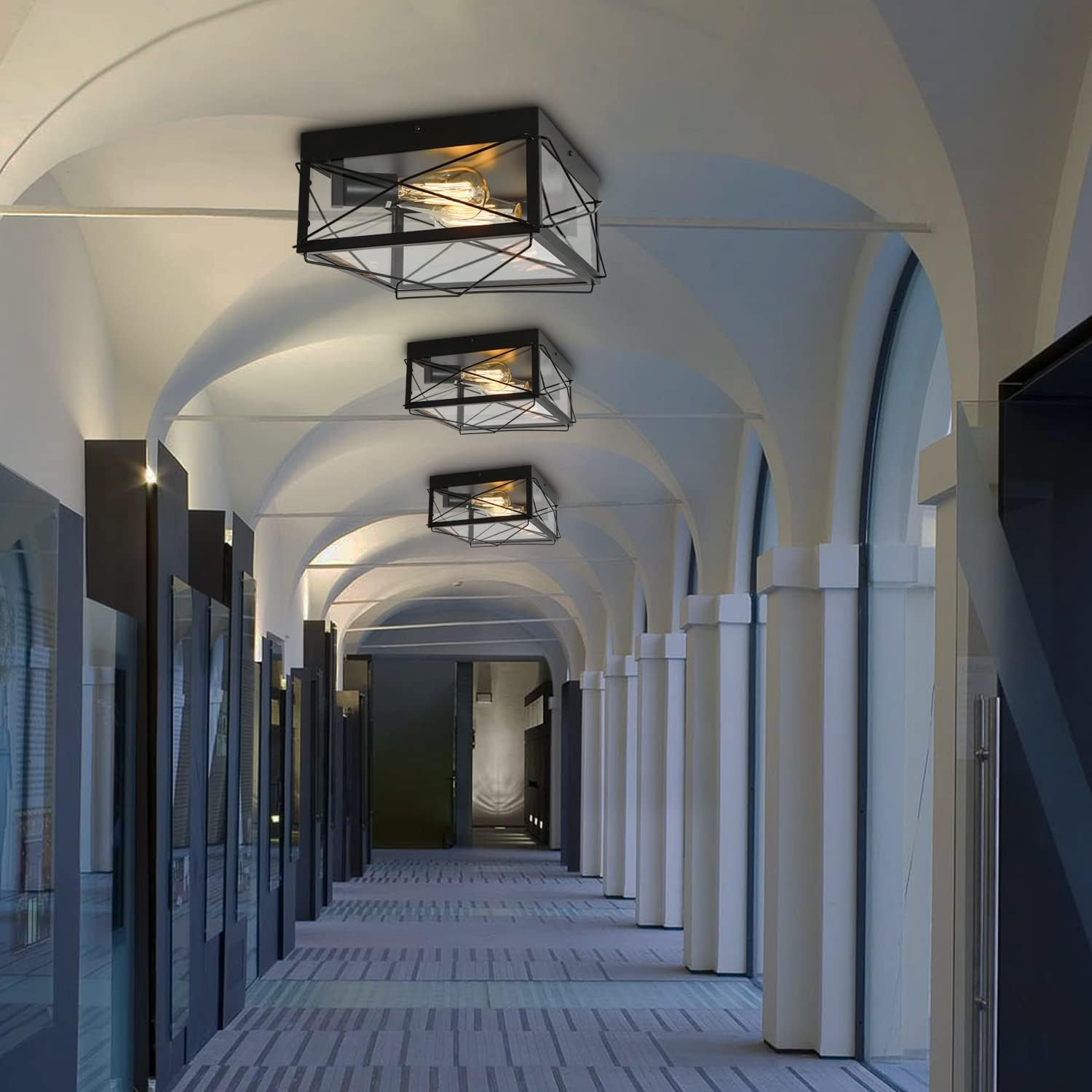 Black Flush Mount Ceiling Light Fixture Vintage Farmhouse Semi Mount Ceiling Lighting Fixture Retro Industrial Glass Ceiling Lamp Fixture for Kitchen Bedroom Hallway Laundry Entryway, 2-Lights(1 pack)