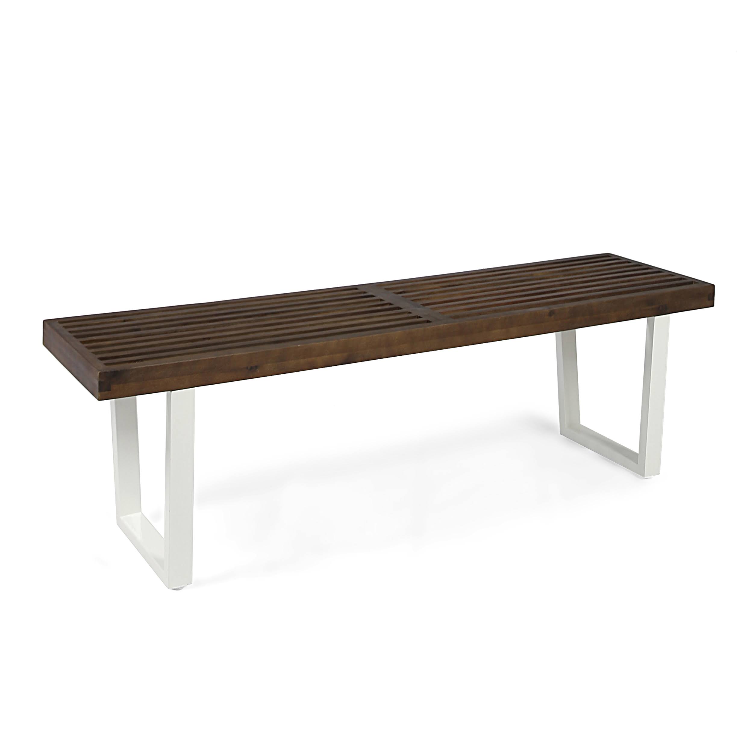 Joa Patio Dining Bench, Acacia Wood with Iron Legs, Modern, Contemporary, Dark Brown and White