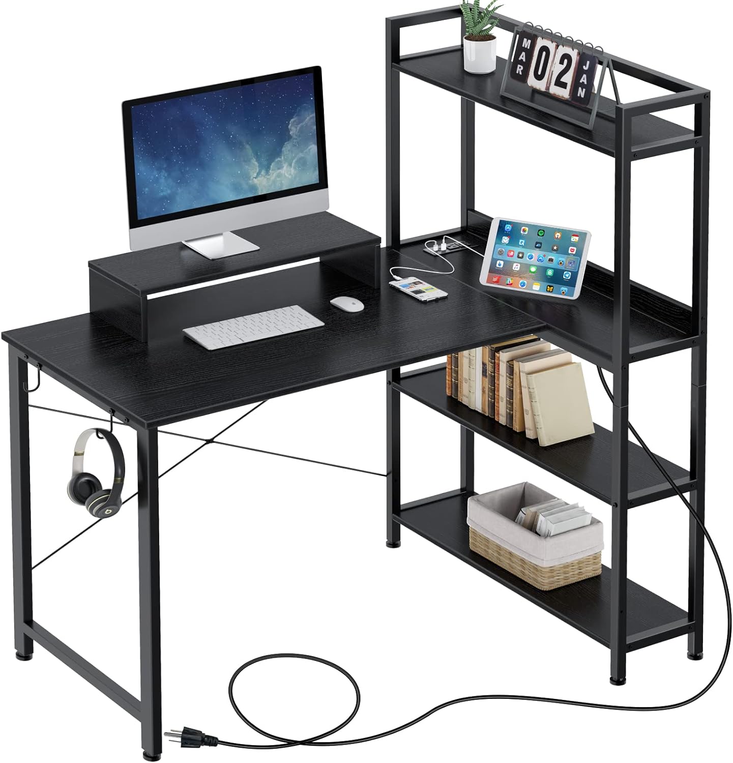 Rolanstar Computer Desk with Shelves, 47 Inch Home Office Desk with Power Outlet, Writing Table Workstation with Monitor Stand and Reversible 4-Tier Bookshelf, Study Corner Desk for Small Space, Black