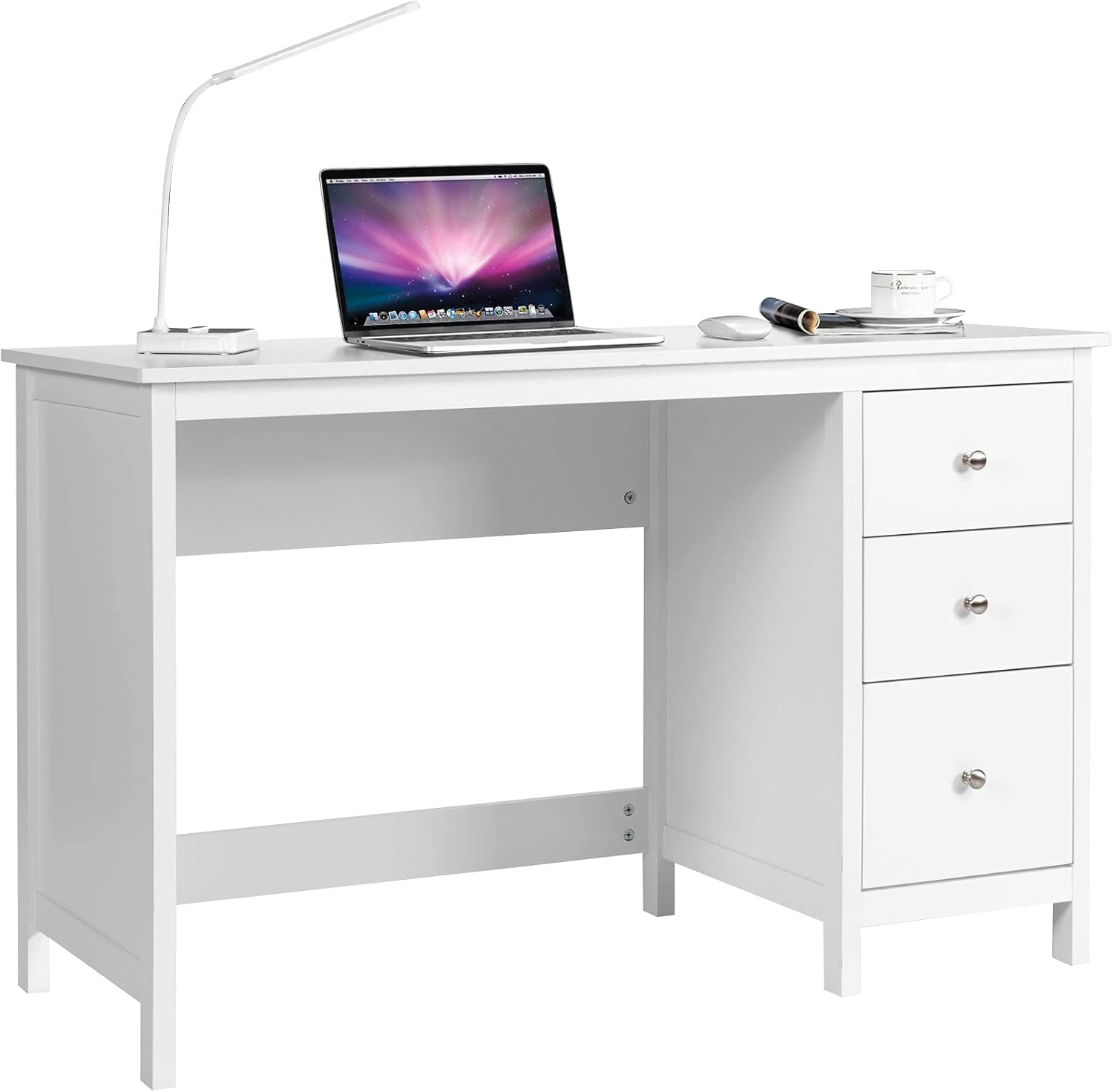 Tangkula White Computer Desk with 3 Storage Drawers, Modern Home Office Desk w/Spacious Desktop, Compact Writing Study Desk Laptop Desk for Bedroom, Multipurpose Computer Workstation (White)