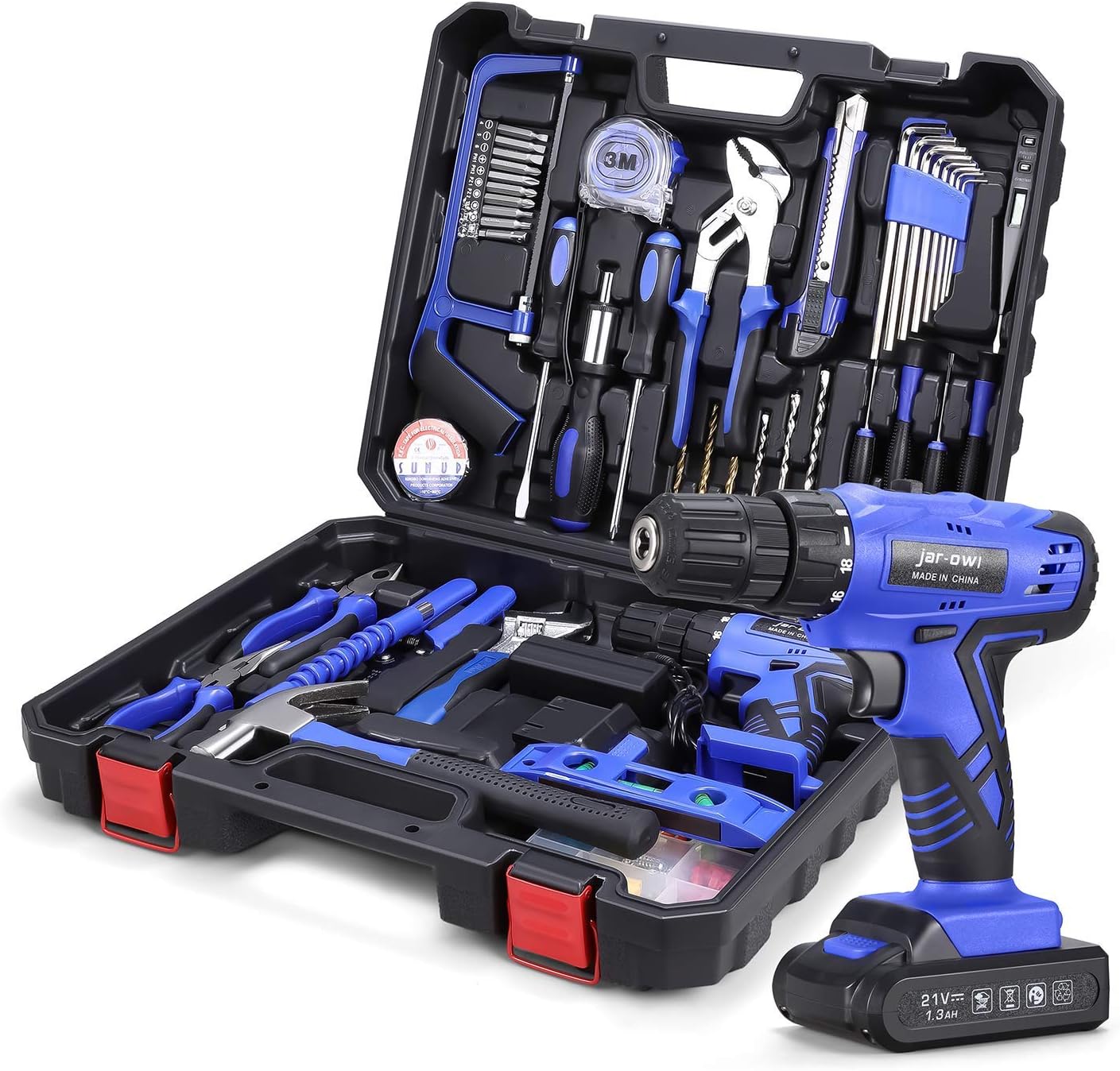 112 Piece Power Tool Combo Kits with 21V Cordless Drill, Professional Household Home Tool Kit Set with DIY Hand Tool Kits for Garden Office House Repair Maintain-Blue Pack of 2
