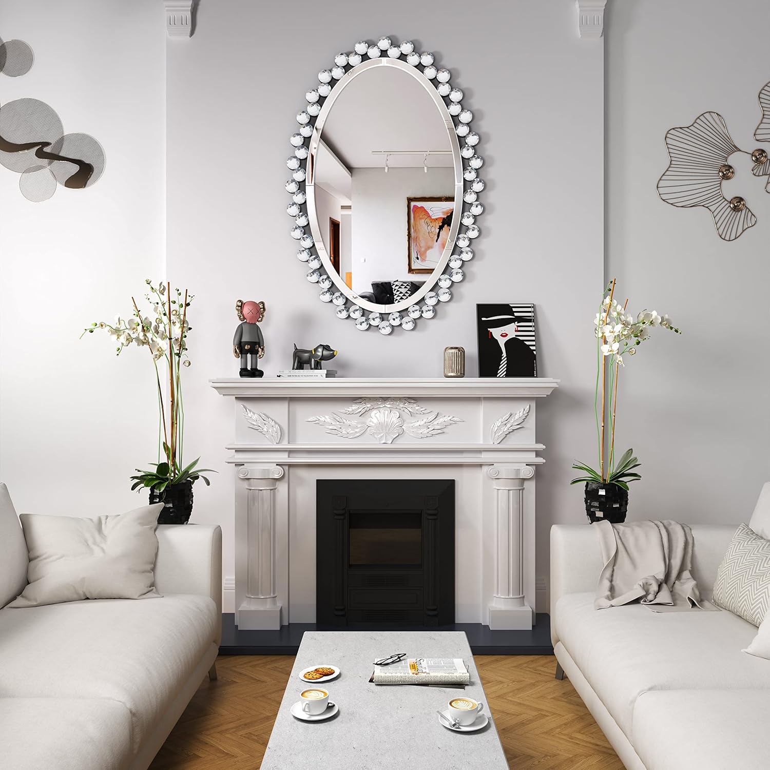 JACUKO Jeweled Wall Mirror-Oval Diamond Accent Decorative Wall Mirror, Venetian Mirror for Bedroom/Bathroom/Entryway/Passageway 23.6*35.5 in