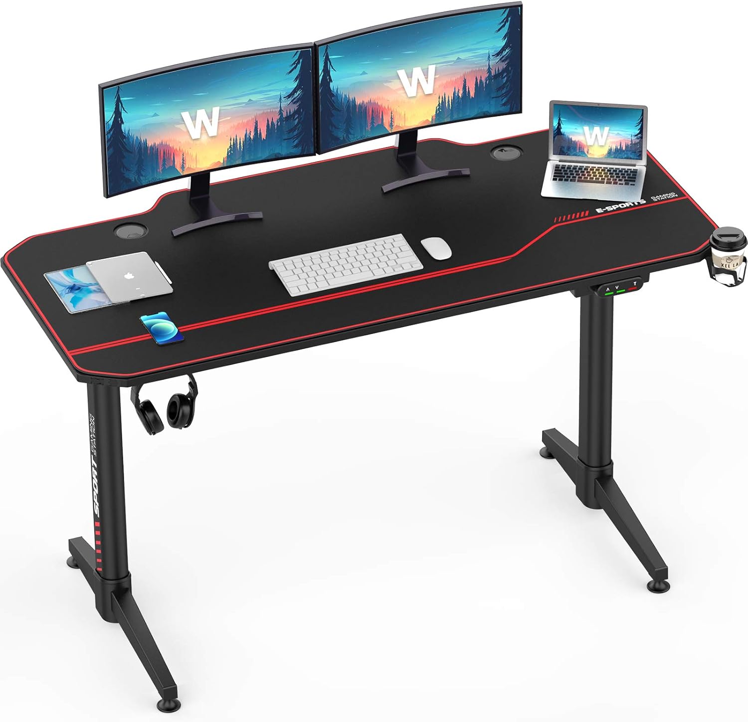 Waleaf 63 inch Height Adjustable Gaming Desk Racing Style Computer Desk with Free Mouse pad & USB Gaming Handle Rack, T-Shaped Professional Gamer Game Station with Cup Holder & Headphone Hook