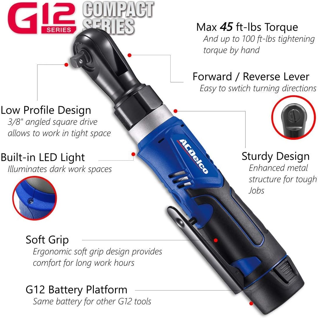 ACDelco ARW1209P G12 Series 12V Li-ion Cordless 3/8&rdquo; 45 ft-lbs. Ratchet Wrench Tool Kit