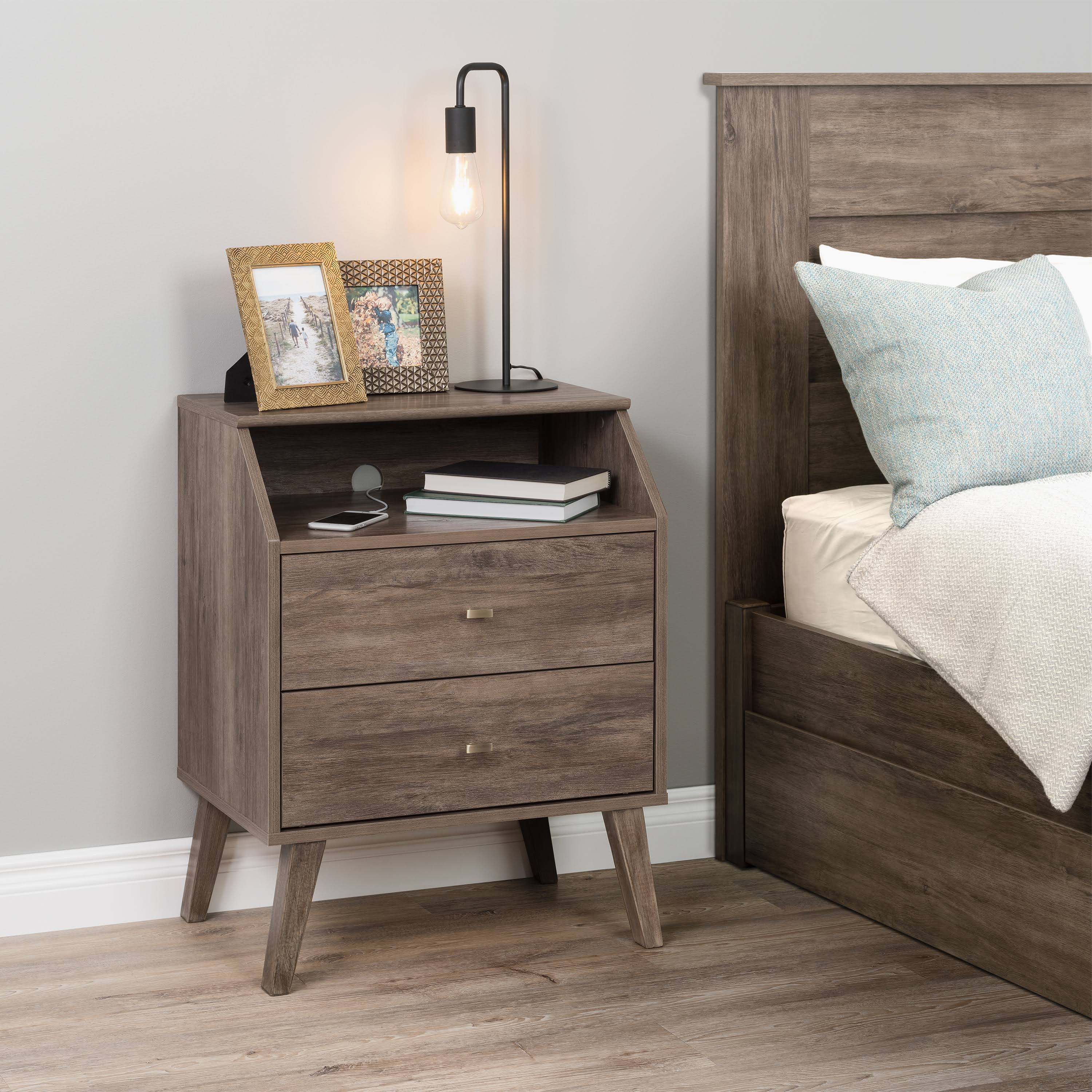 Prepac Milo Mid Century Modern 2-Drawer Nightstand with Angled Top (Drifted Gray)