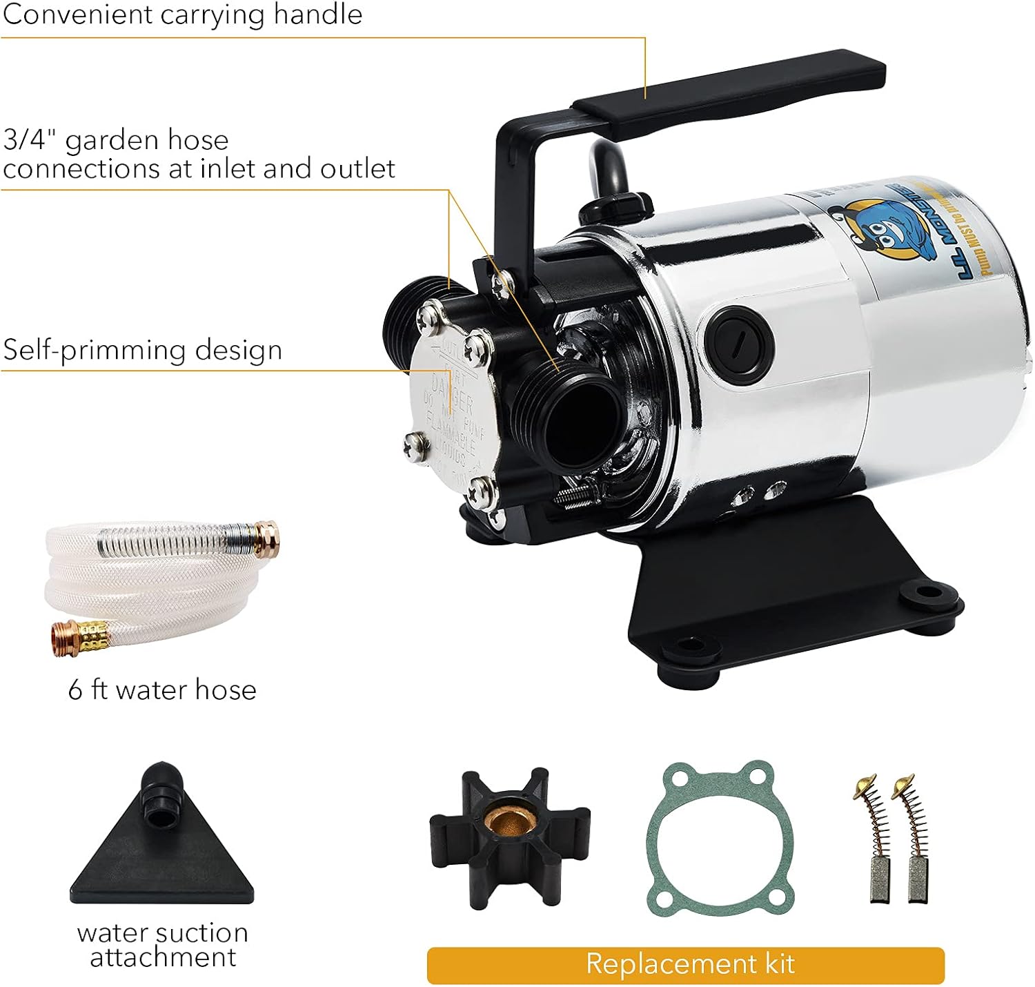 115V 330GPH Self-Priming Transfer Pump, LilMonster Auto Portable Electric Utility Water Pump with Suction Hose Kit,Bright Silver Pack of 2