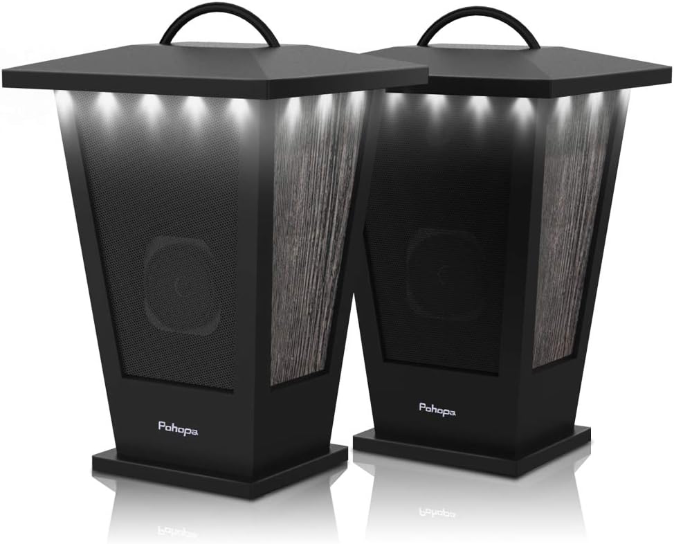 Bluetooth Speakers Waterproof, Pohopa 2 Packs True Wireless Stereo Sound 20W Speakers Dual Pairing Lantern Indoor Outdoor Speakers with 20 Piece LED Lights, Rich Bass, Pinao Black