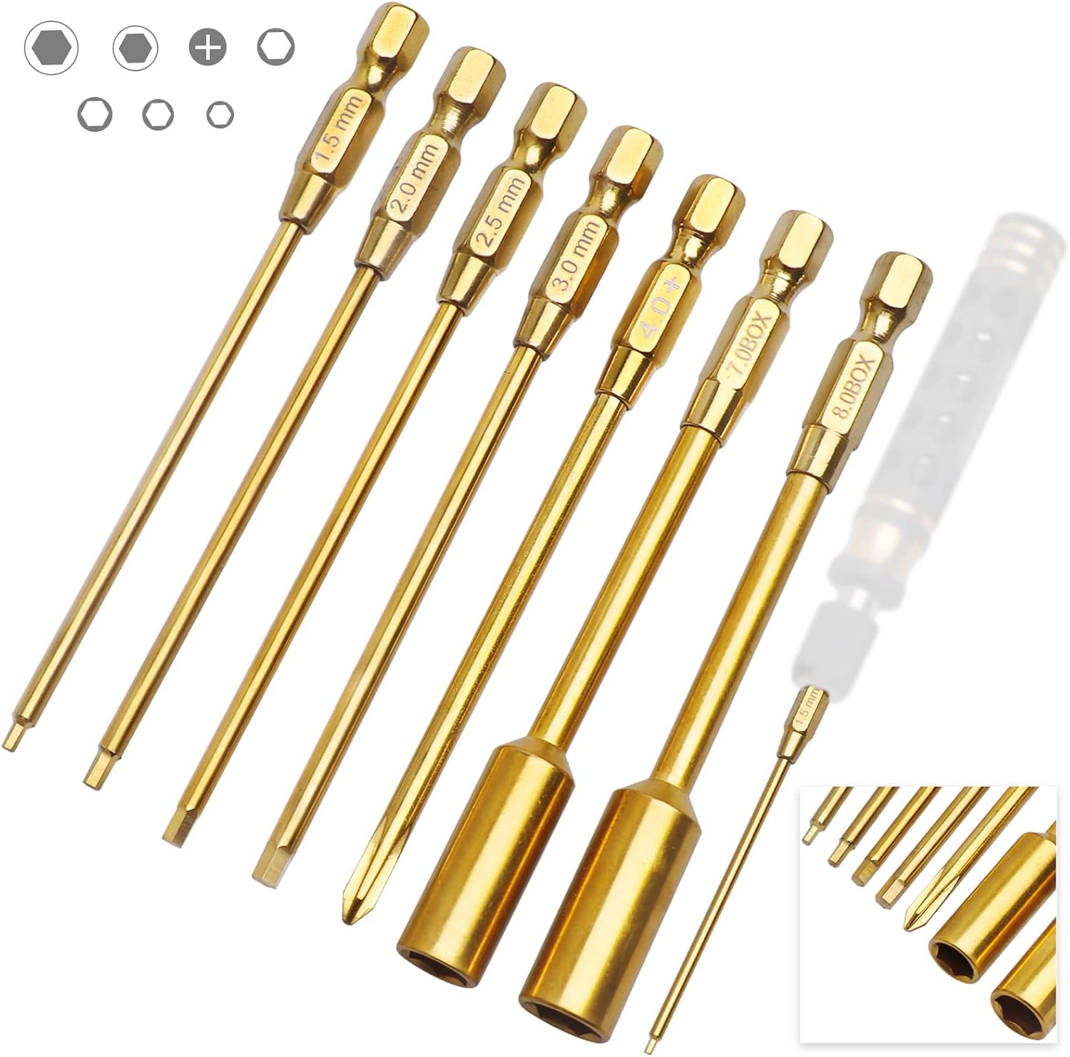 Hobbyfire Titanium RC Hex Driver Bit Set 1.5/2.0/2.5/3.0mm Allen Wrench Keys, M4 Lock Nuts Driver, Phillips,1/4