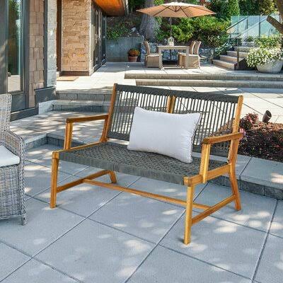 2-Person Patio Acacia Wood Yard Bench-Gray Latitude Run