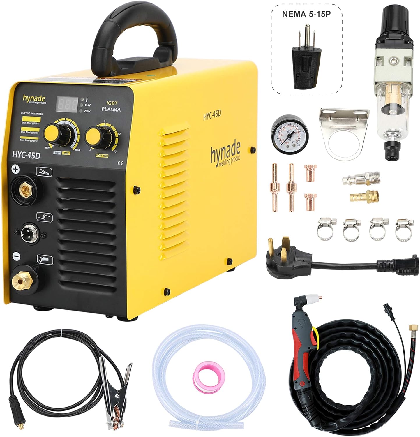 hynade Plasma Cutter, Dual Voltage 115/230V plasma cutting machine, Inverter Metal Plasma Cutter Max Cutting Thickness 12mm (HYC45D 115/230V)