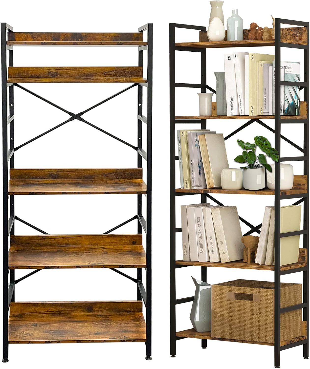 SUAYLLA Industrial Bookshelf,4 Tier Tall Bookcase,Storage Rack Shelves with Adjustable Shelf,Metal Frame Bookshelves for Living Room Office,Steel Wood Rustic Brown Furniture