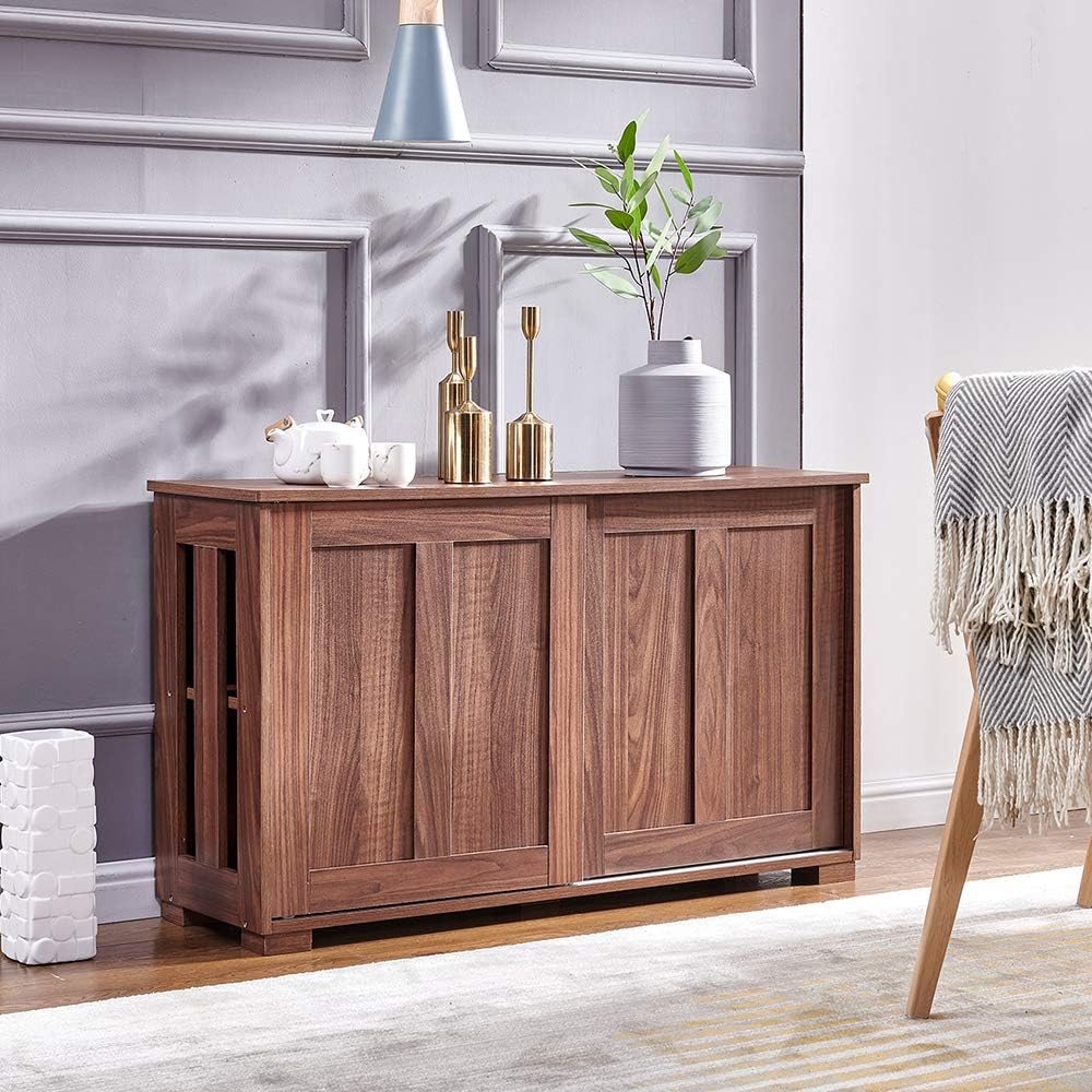 QIHANG-US Kitchen Storage Sideboard with Sliding Door, Farmhouse Barn Door Buffet Console Table, Antique Stackable Cabinet Cupboard with Shelves for Living Room Entryway Dining Room, Warm White