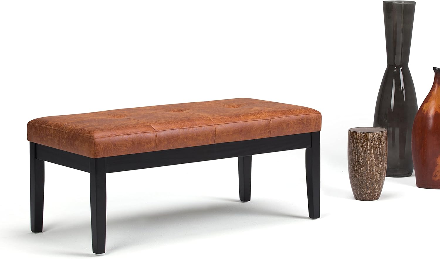 SIMPLIHOME Lacey 43 inch Wide Rectangle Ottoman Bench Distressed Saddle Brown Tufted Footrest Stool, Faux Air Leather for Living Room, Bedroom, Contemporary Modern