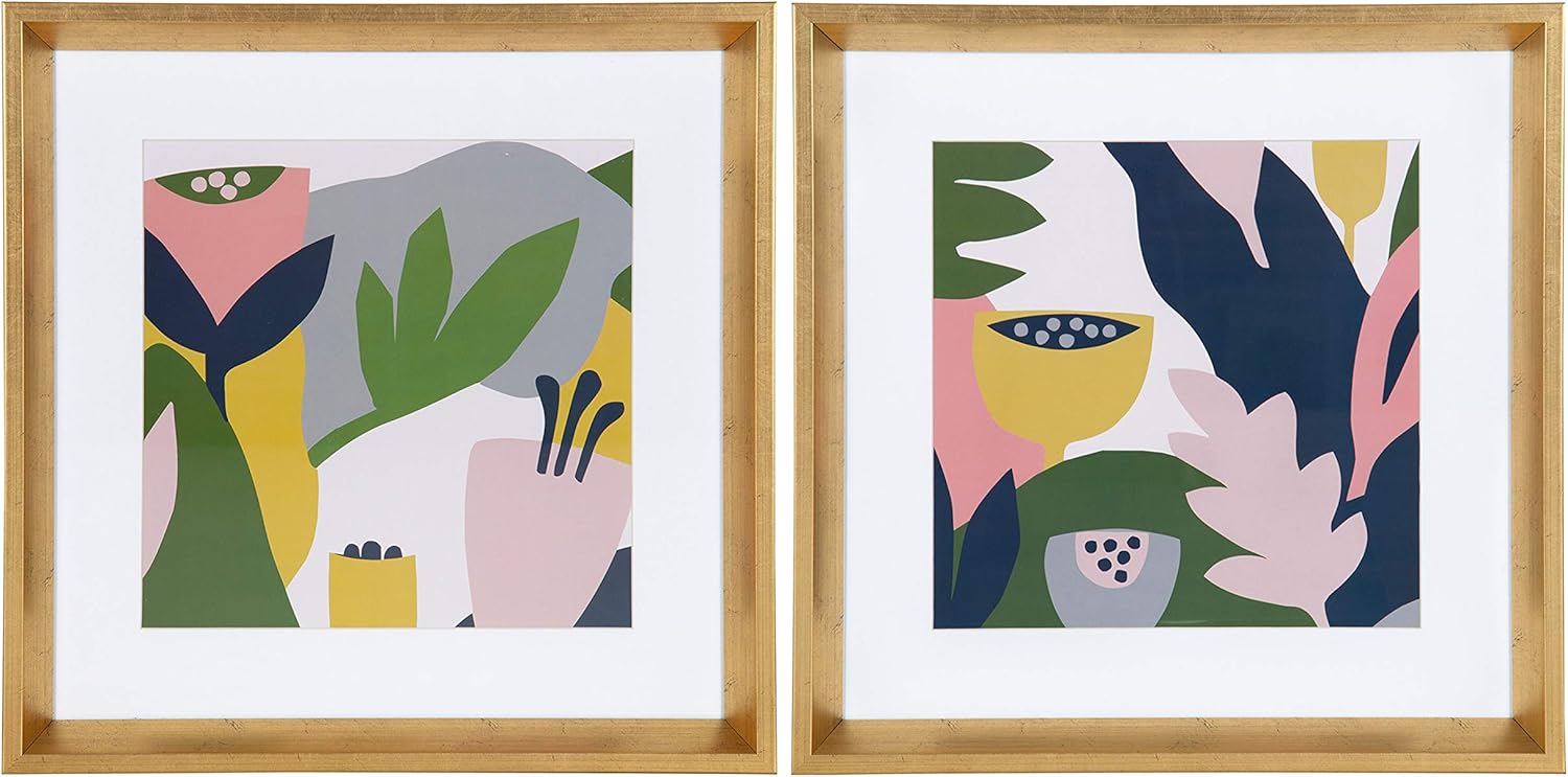 Kate and Laurel Calter Myriam's Garden Matted Framed Print Under Glass Art Set by Myriam Van Neste, 15.5x15.5 inches/Each, Gold Pack of 2