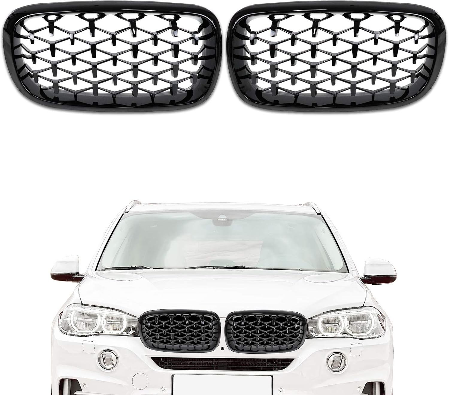 Front Kidney Grille Grill,DSISIMO Front Bumper Grille Grill Mesh Double Slats Front Hood Grill Compatible with BMW X5 F15 X6 F16 X5M F85 X6M F86 2014-2019 (Glossy Black) Pack of 2