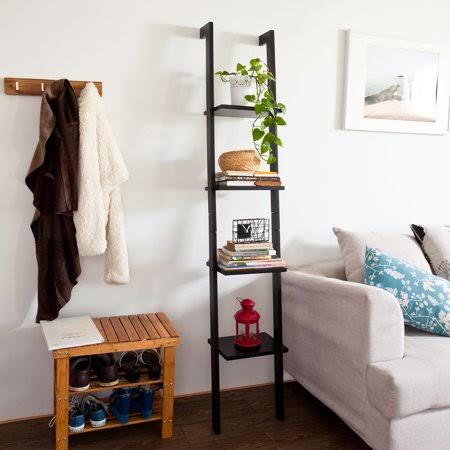 Haotian Black Modern Wood Ladder Shelf, 4 Tiers Stand Shelf Wall Shelf,Bookcase, FRG15-SCH,Black
