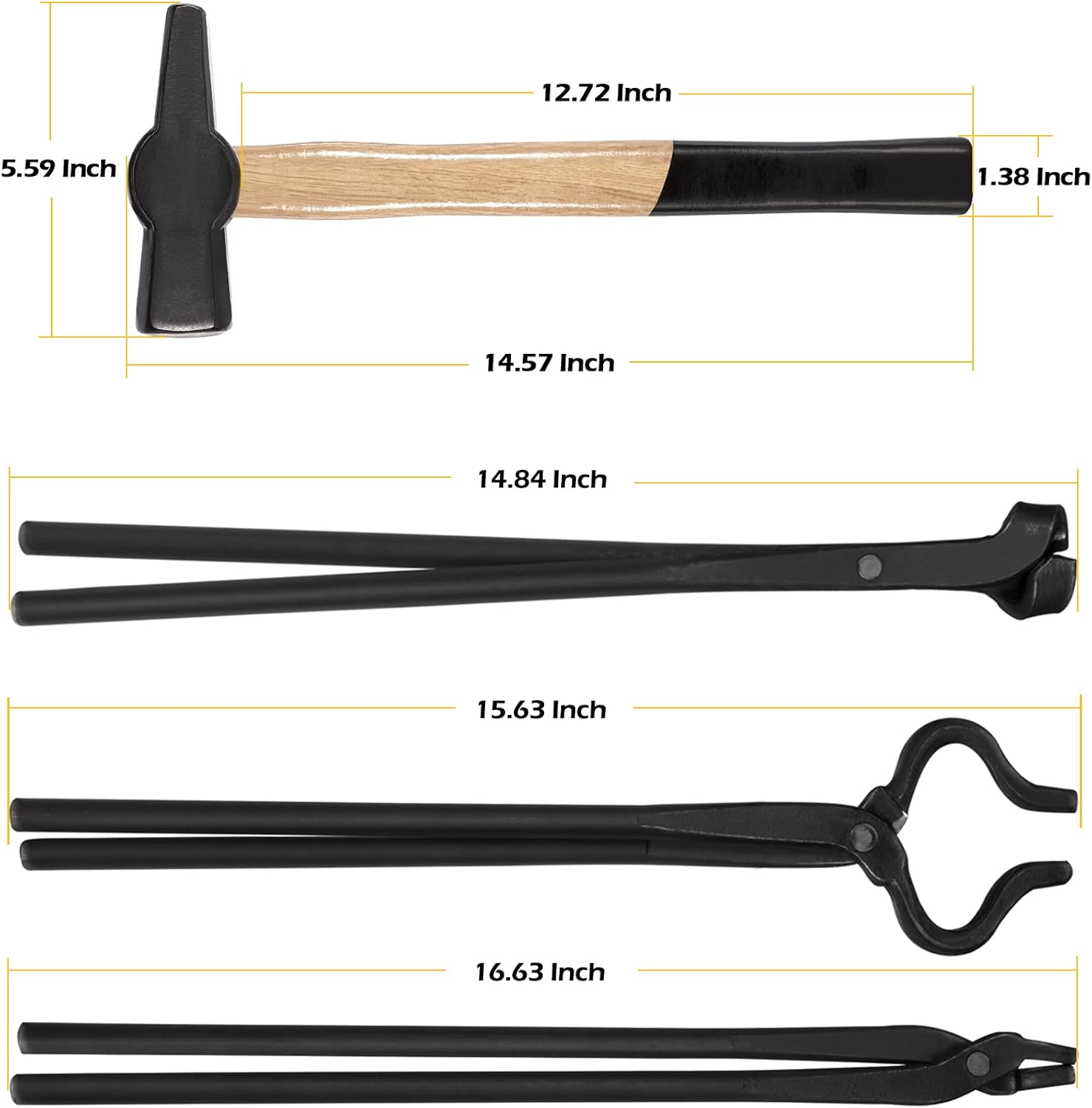 Knife Making Tongs Set & Blacksmiths&rsquo; Hammer 0000811-1000 Perfect for Assembled Bladesmith Blacksmith Forge Tong Tools Set Vise Tools Anvil Hammer (4-Pieces)