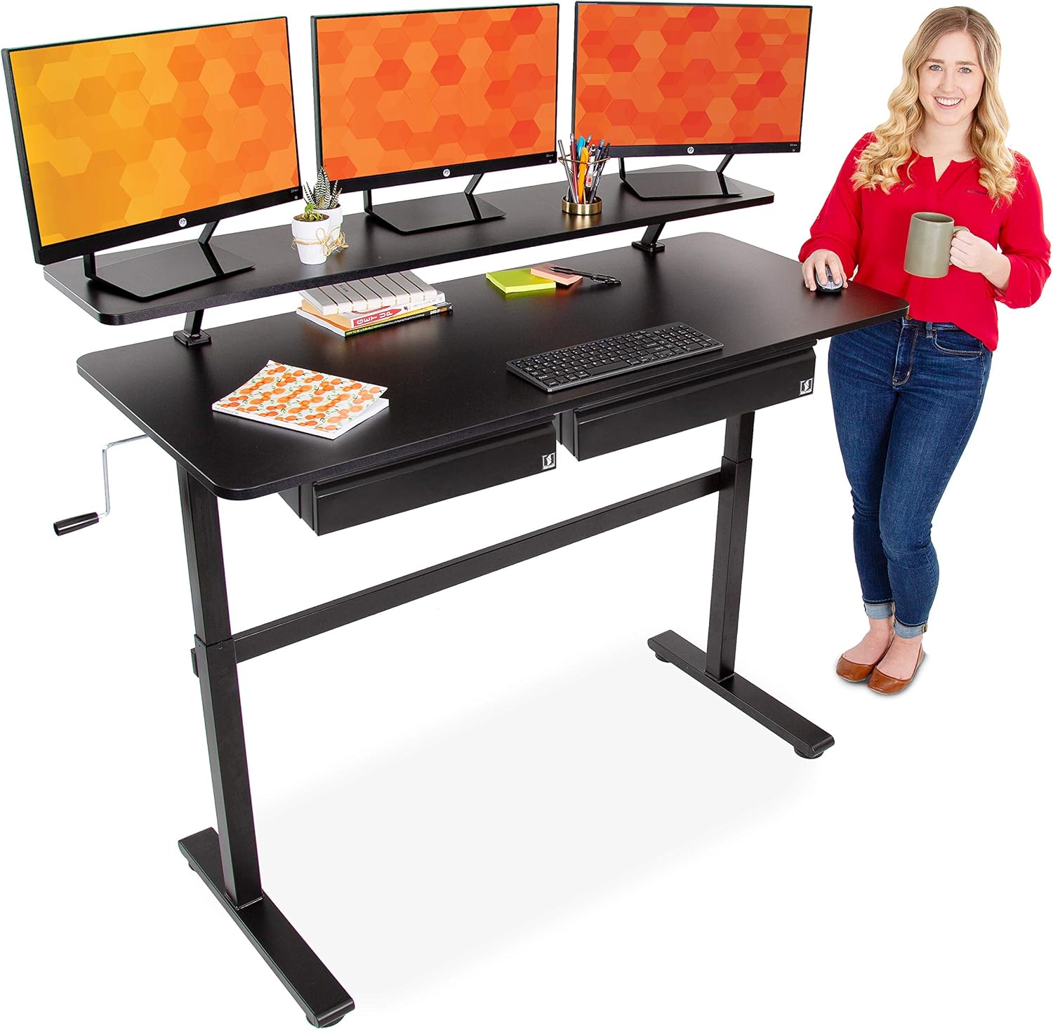 Stand Steady Tranzendesk 55 Inch Standing Desk with Clamp On Shelf & 2 Under Desk Drawers | Crank Height Adjustable Stand Up Workstation with Attachable Monitor Riser & Extra Storage (55 in/Black)