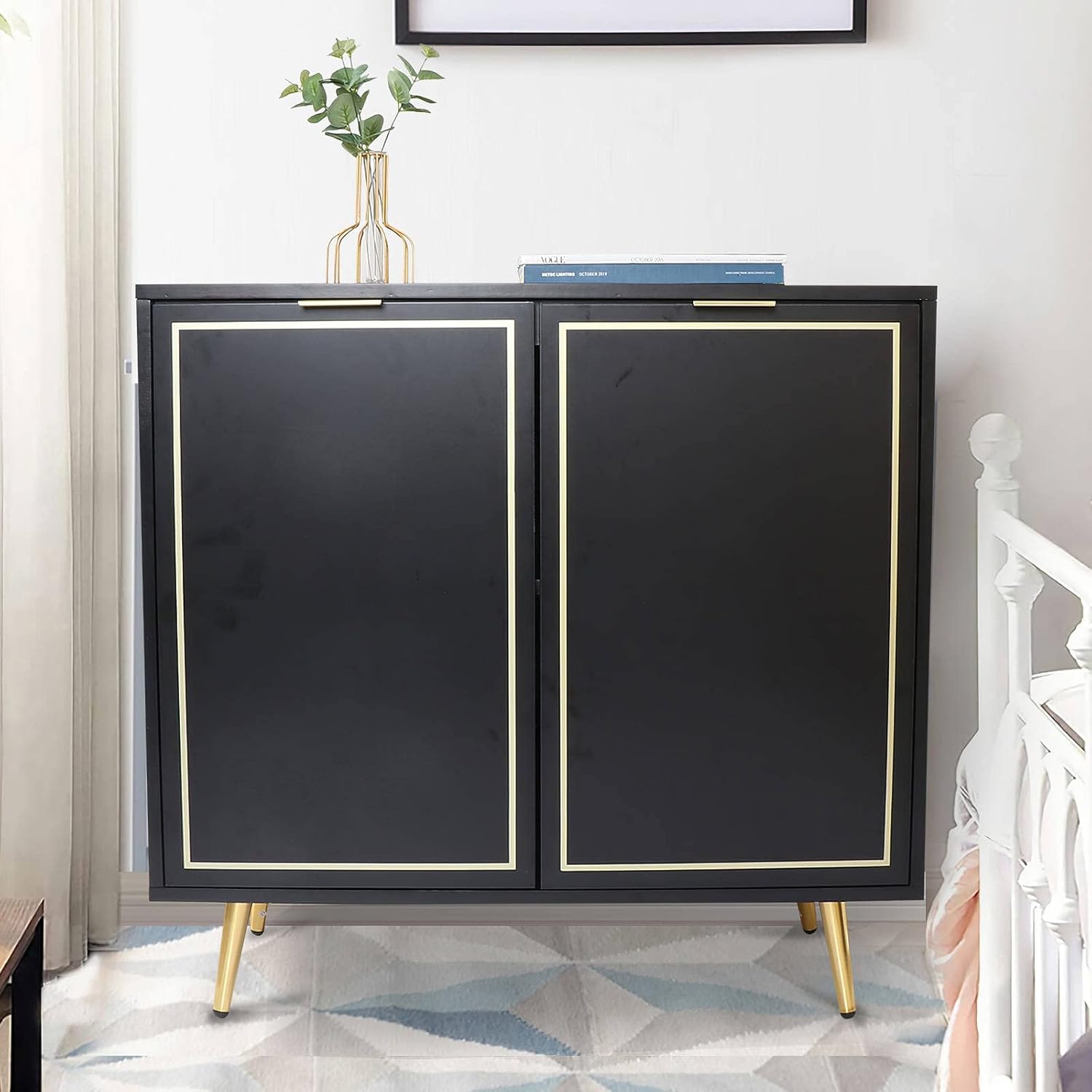 Anmytek Modern Accent 2 Door Storage Cabinet, Mid Century Buffet Kitchen Sideboard with Golden Legs Black H0042