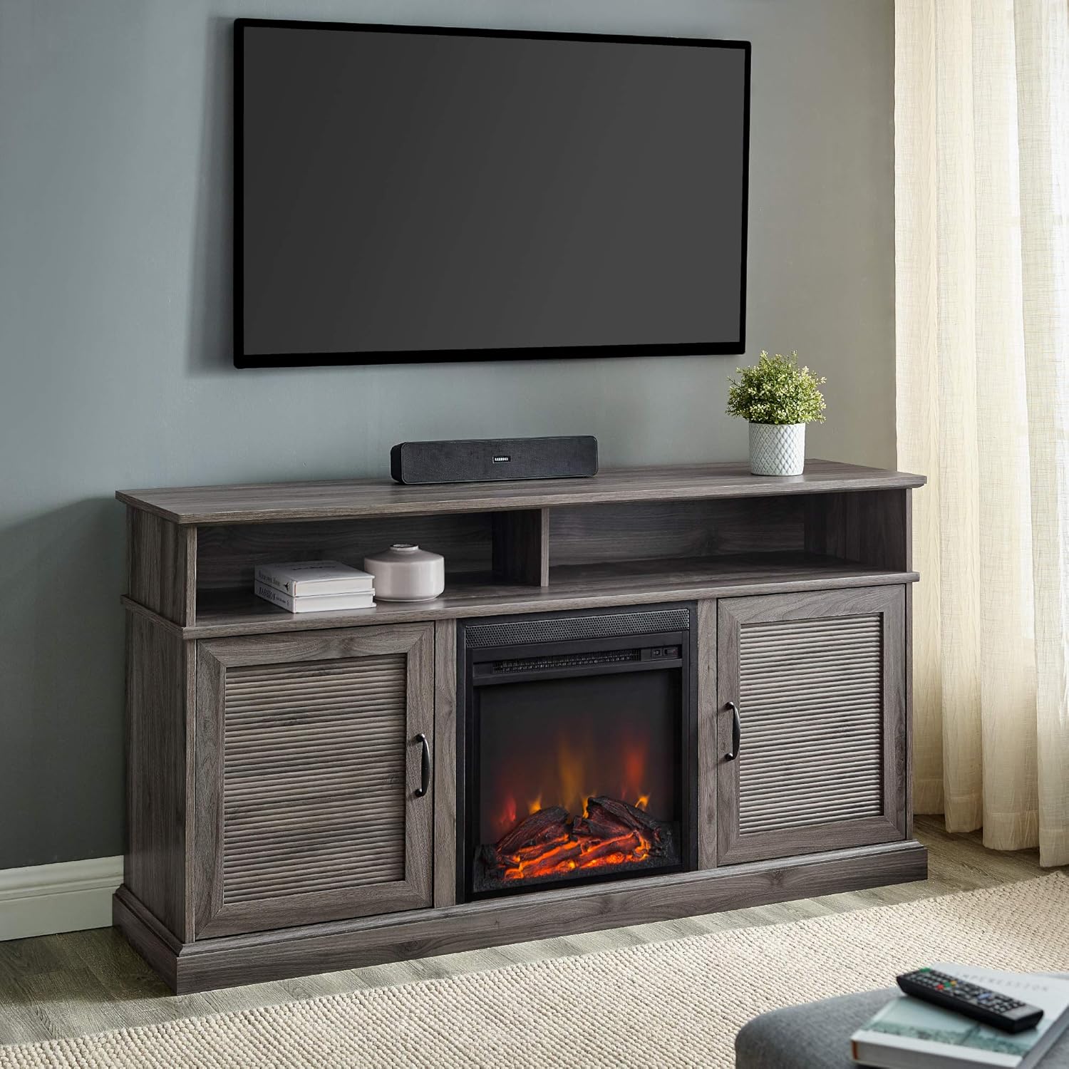 Walker Edison Sawyer Versatile Fluted 2 Door Highboy Fireplace Stand for TVs up to 65 Inches, 60 Inch, Dark Walnut