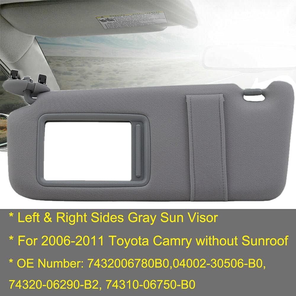 MOCW Left & Right Sides Gray Sun Visor Compatible with 2006 2007 2008 2009 2010 2011 Toyota Camry Without Sunroof Replace OE # 04002-30506-B0, 7432006780B0,74320-06290-B2,74310-06750-B0
